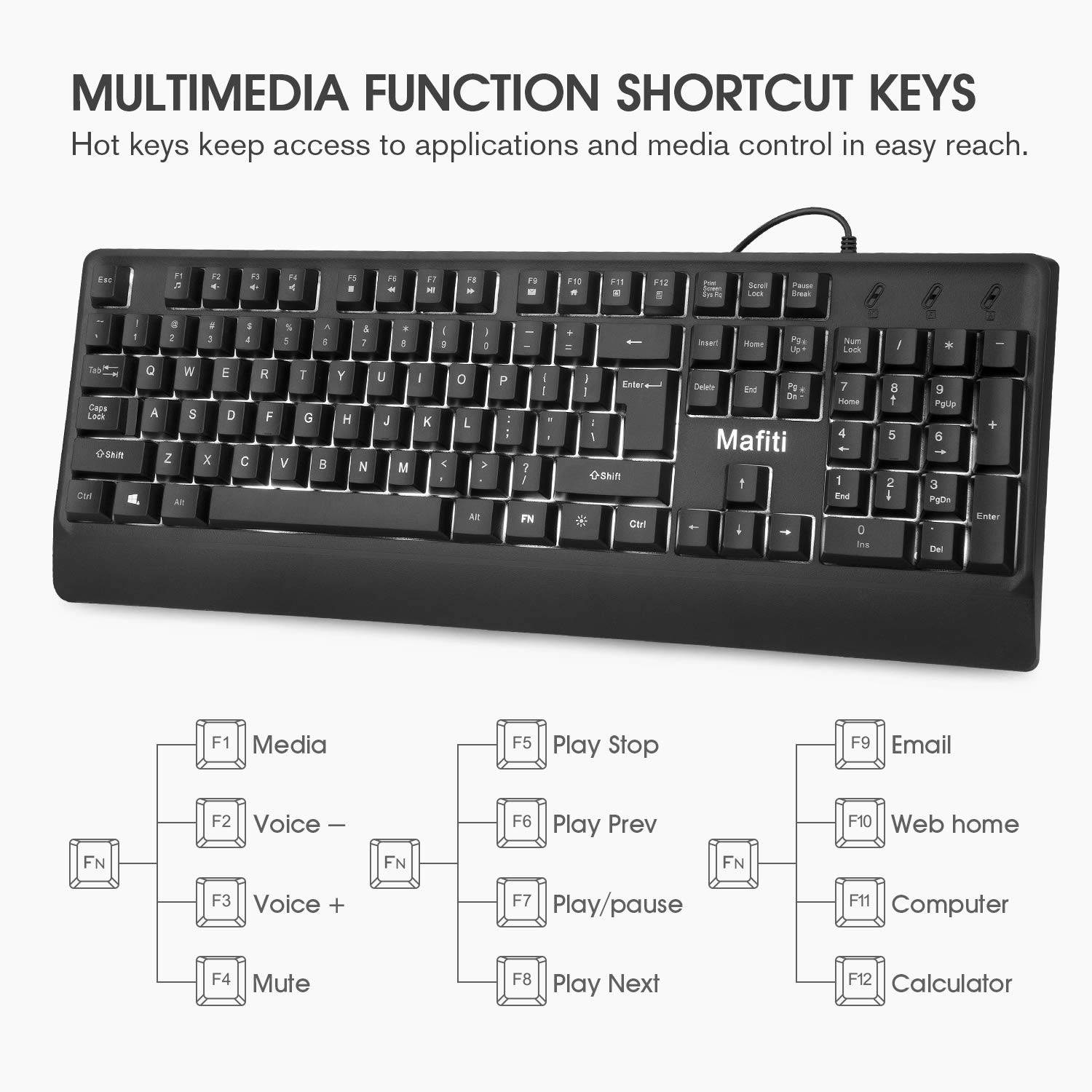 Computer Office Keyboard Wired USB 104 Keys Full Size White Backlit Compatible PC Mac Laptop Desktop Windows