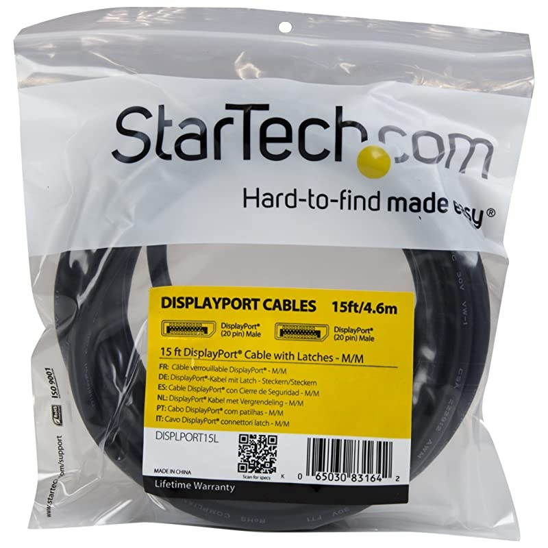 com 15 ft DisplayPort 12 Cable with Latches 4K x 2K 4096 x 2160 60Hz DPCP HDCP Male to Male DP Video Monitor Cable DISPLPORT15L Black