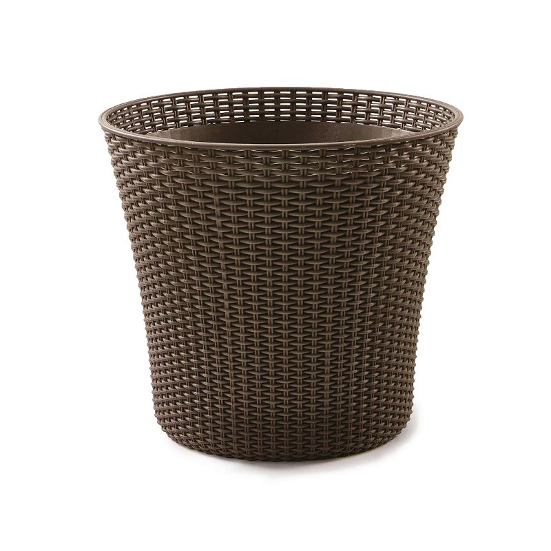 Keter 15 Gallon Indoor & Outdoor Round Conic Resin Wicker Flower Planter Pot with Drainage for Garden and House, Whiskey Brown (2 Pack)