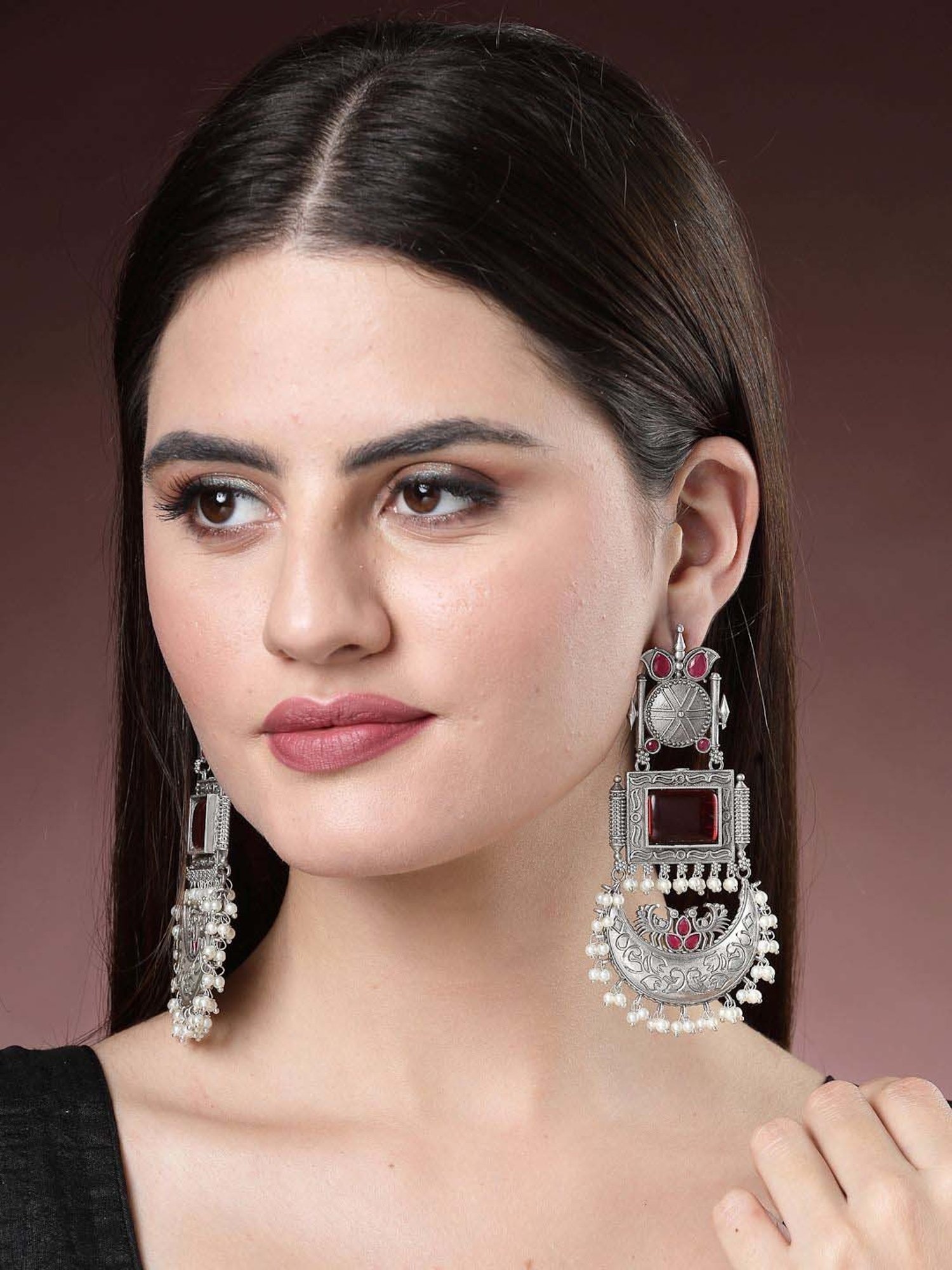 NVR Silver-Plated Artificial Stones and Beads Chand Bali Earrings for Women