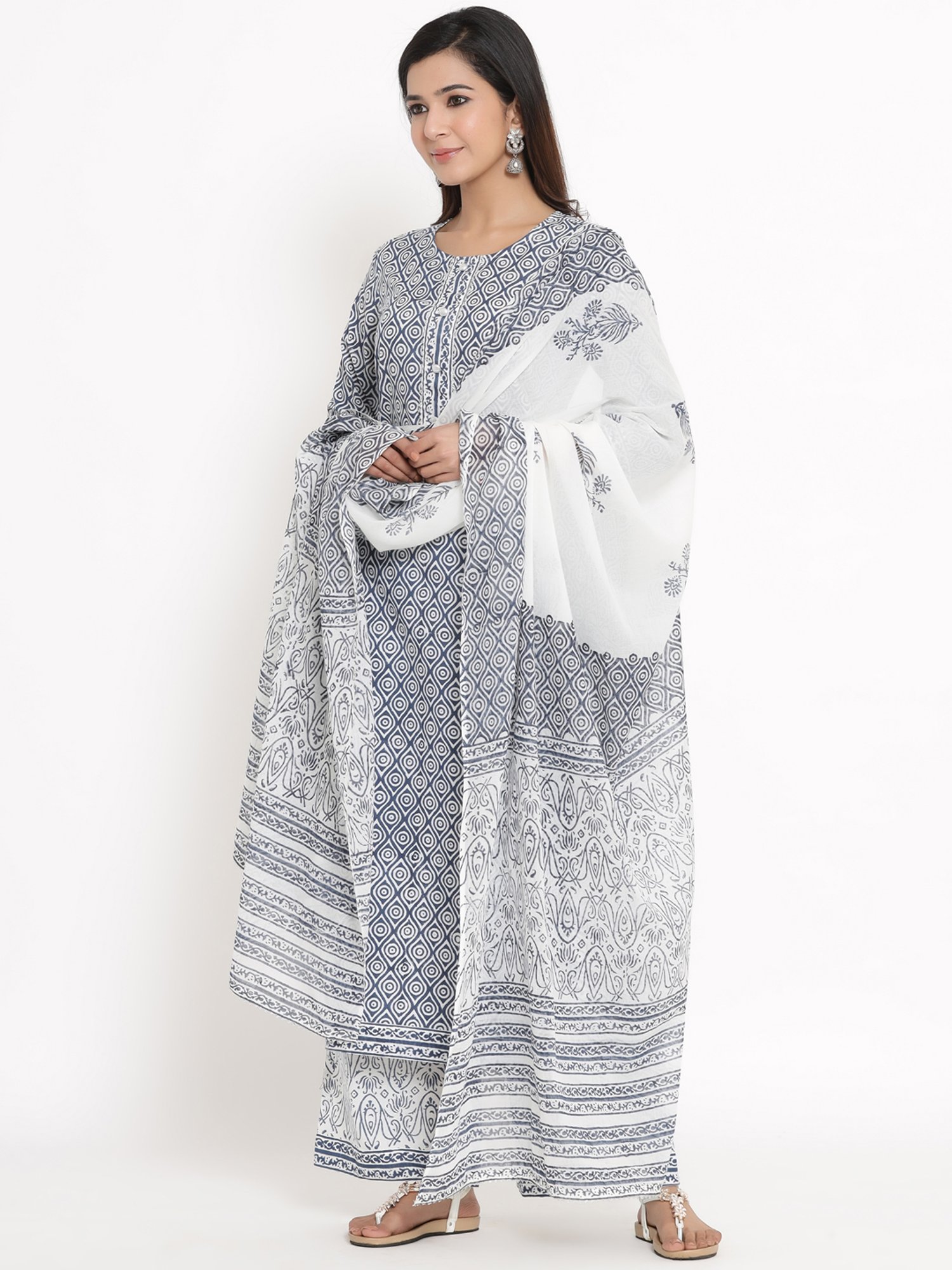 Kipek Blue Cotton Printed Kurta With Palazzo & Dupatta
