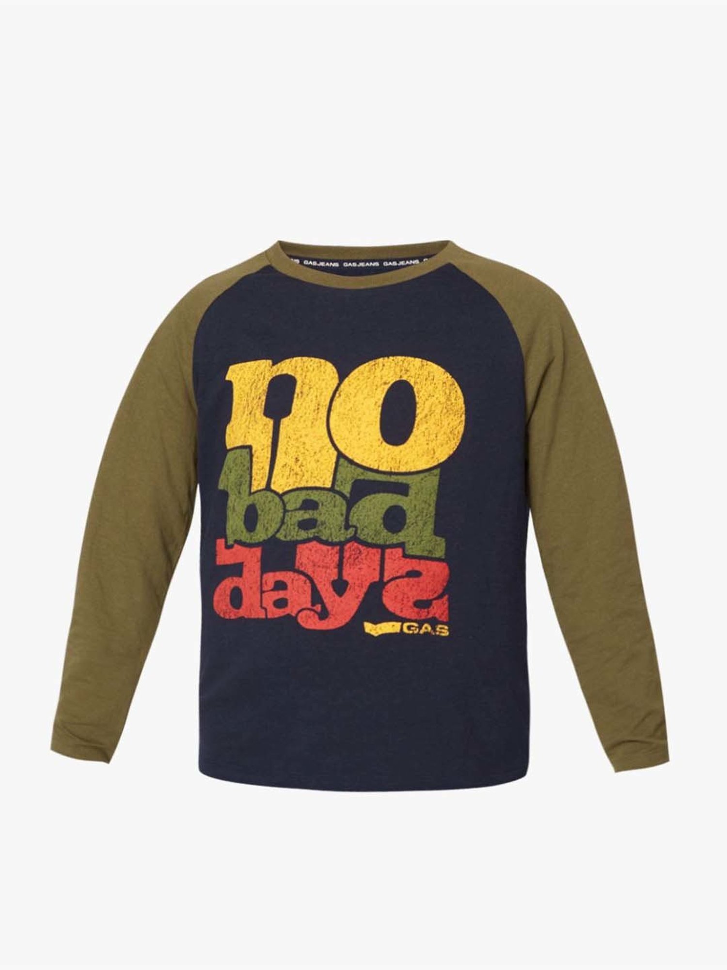 Gas Kids Navy & Green Cotton Printed Full Sleeves T-Shirt