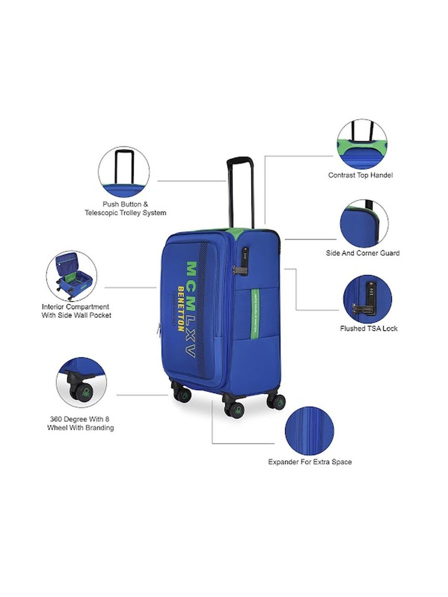 United Colors of Benetton Topaz Blue Printed Soft Large Trolley Bag - 78 Cms