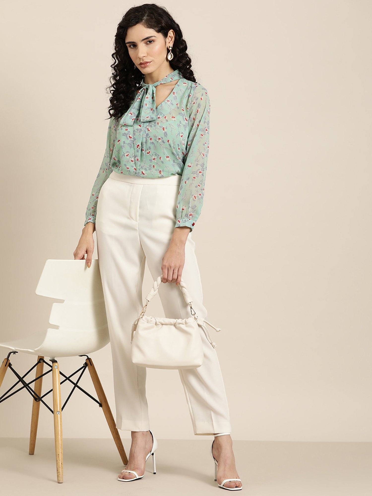 Qurvii Sea Green Floral Print Top