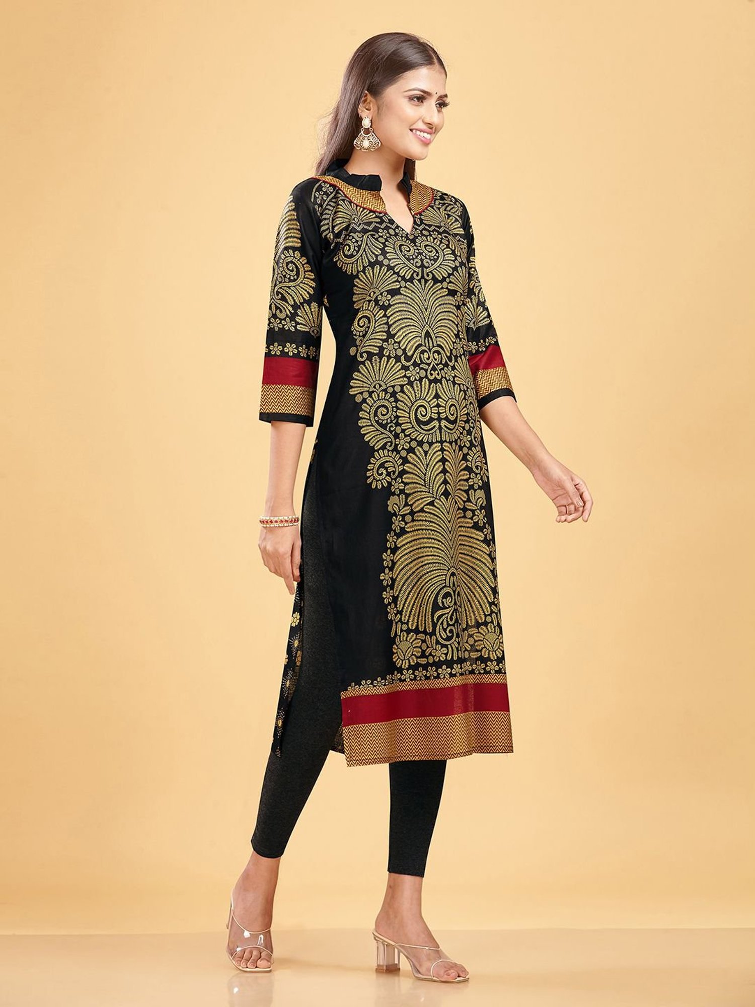 SHANVIKA Black Printed Cotton Straight Kurta