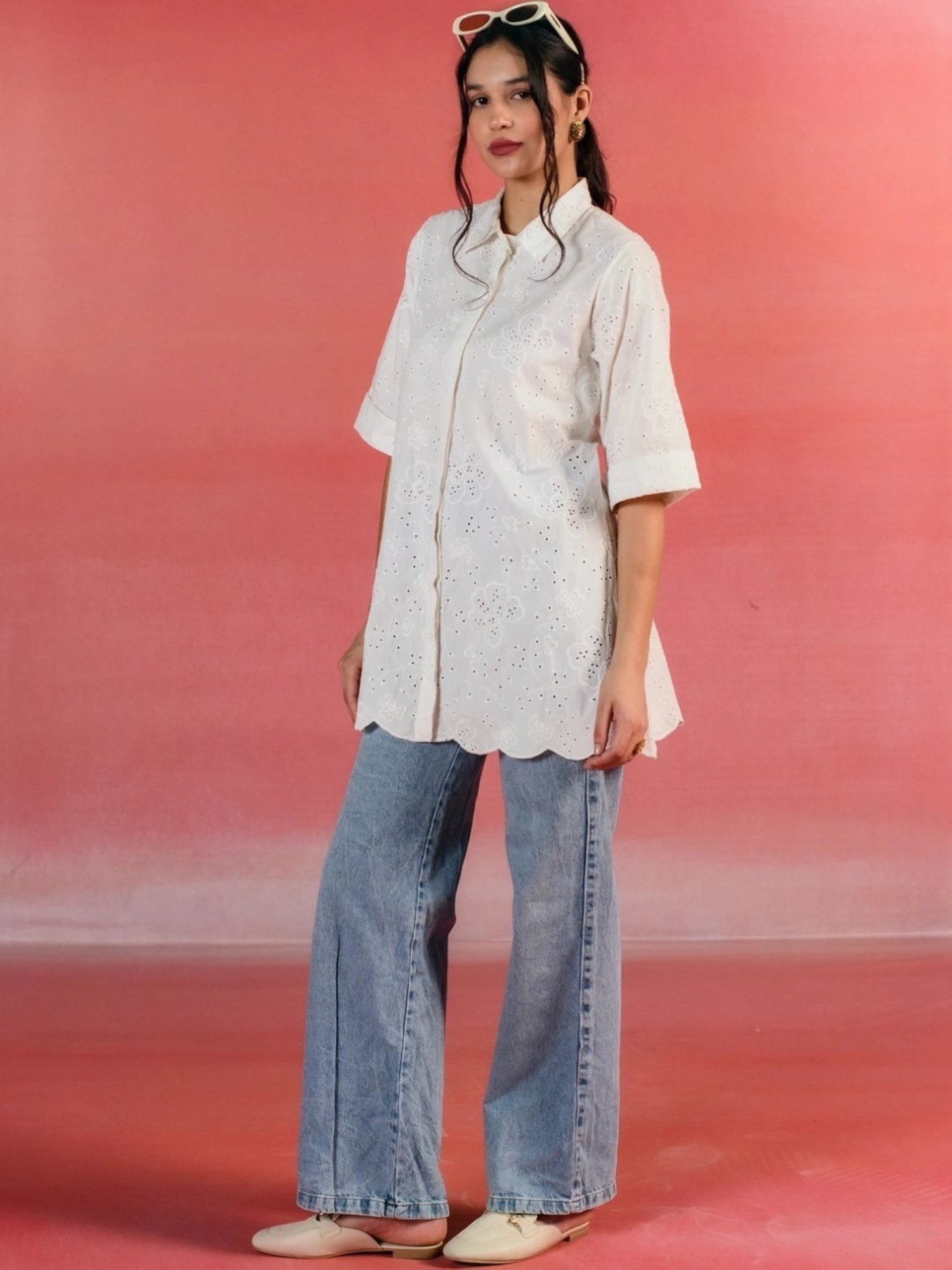 Kameez by Pooja White Embroidered Poplin Shirt