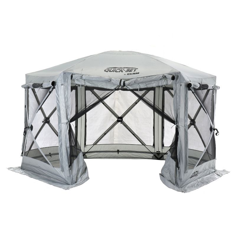 CLAM Quick-Set Pavilion 12.5 x 12.5 Foot Portable Pop-Up Outdoor Camping Gazebo Screen Tent 6 Sided Canopy Shelter w/ Ground Stakes & Carry Bag, Gray