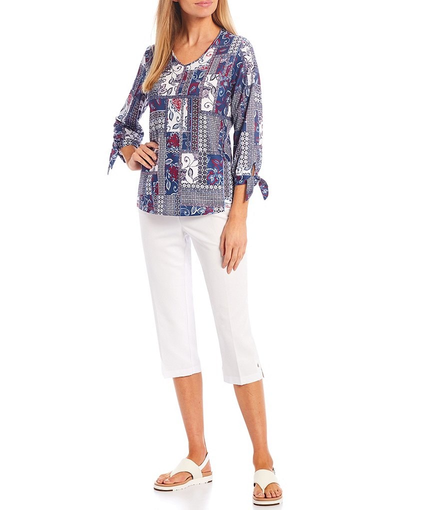 Ali Miles Petite Size Long Roll-Tab Sleeve Round V-Neck Pucker Knit Asymmetrical Tunic