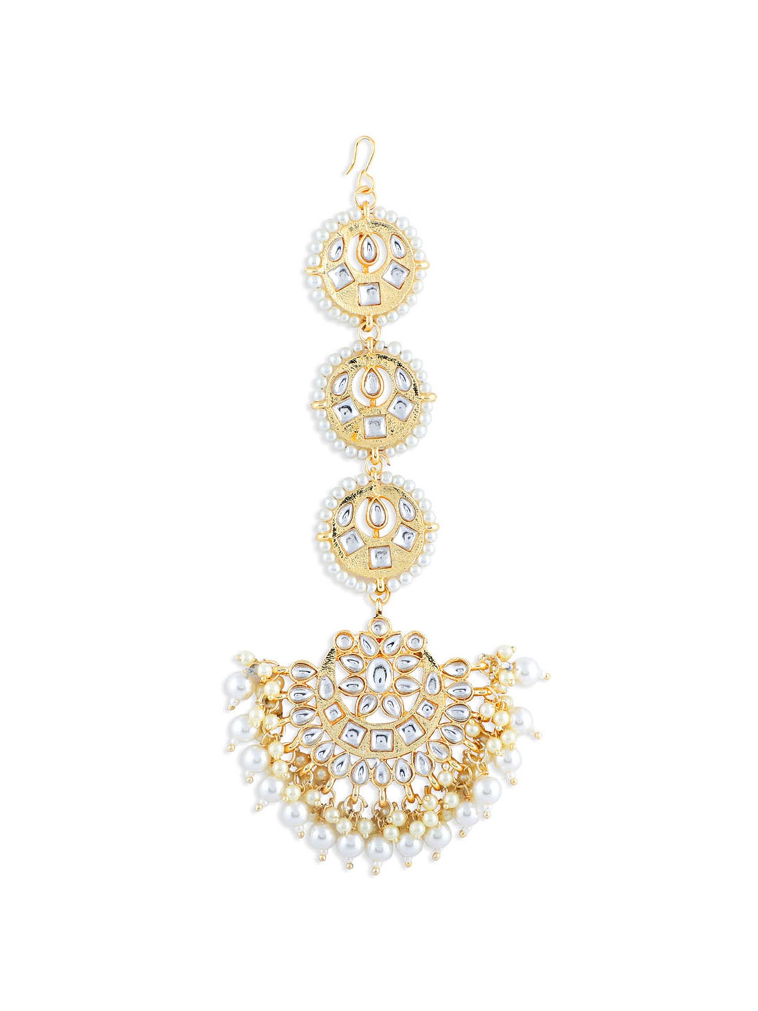 Fida White Pearls Beads Kundan Gold-Plated Crescent Maangtikka for Women