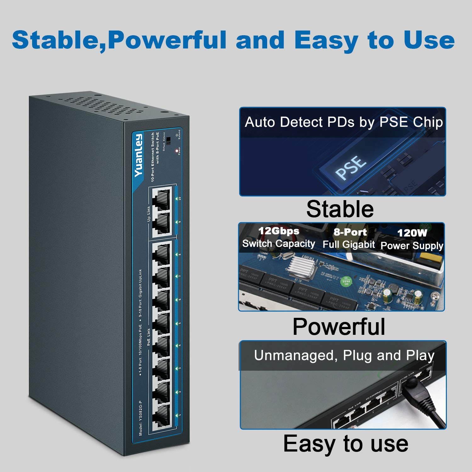 YuanLey 10 Port PoE Switch, 8 PoE+ Port 100Mbps, 2 Gigabit Uplink, 120W 802.3af/at, Extend Function, Metal, Fanless, Plug and Play