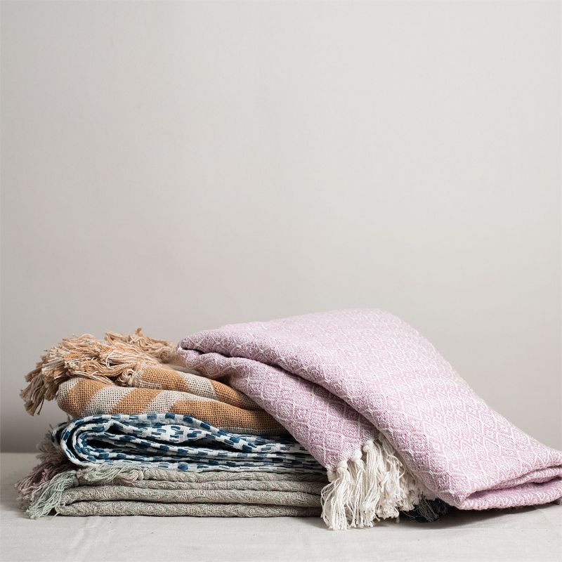 Mustard and Cream Pattern Hand Woven 50 x 60 inch Cotton Throw Blanket with Hand Tied Fringe - Foreside Home & Garden