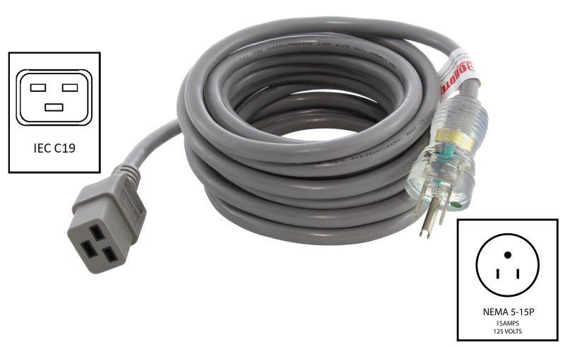 20ft 14/3 15A Medical Grade Power Cord With IEC C19 Connector