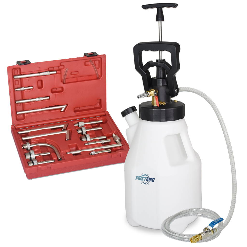 FIRSTINFO 12.5L Pneumatic/Manual ATF Refill System Dispenser Automatic Transmission Fluid Oil Pump with 15-Piece OE Style Transmission Filling Adapters Packed in Storage Case