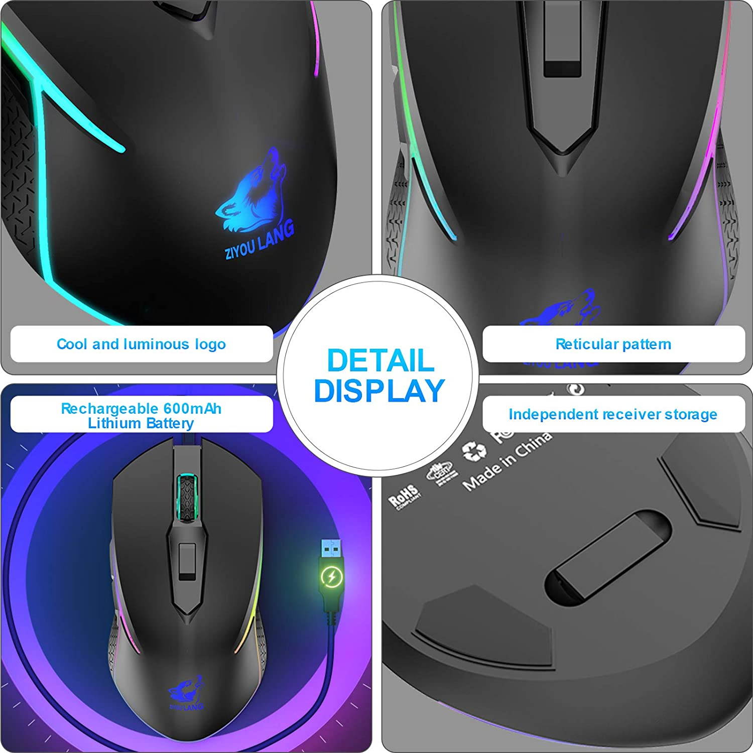 Wireless Gaming Mouse with 2.4Ghz USB Receiver Rainbow RGB Backlight Adjustable DPI Silent Click Rechargeable Ergonomic 6 Buttons Gaming Mouse for Computer Laptop PC Mac Gamer Office Use