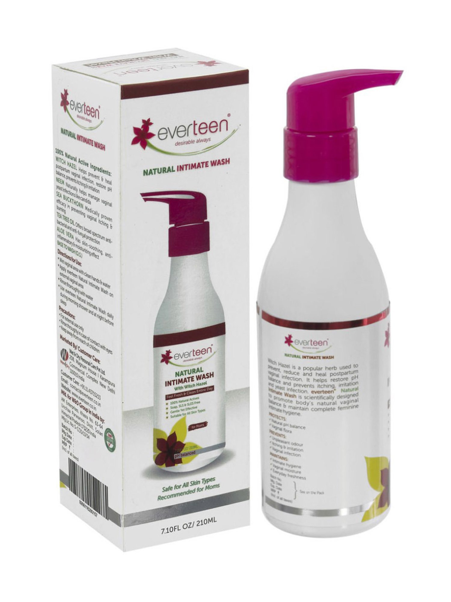 everteen Witch Hazel Natural Intimate Wash for Feminine Hygiene in Moms - 210 ml Each (Pack of 2)