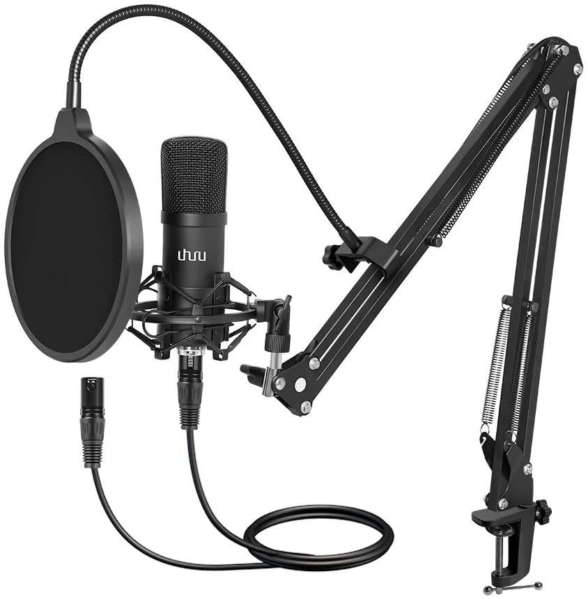 Condenser Microphone, Professional Studio Cardioid Microphone Kit with Boom Arm, Shock Mount, Pop Filter, Windscreen and XLR Cable, for Broadcasting,Recording,Chatting and YouTube