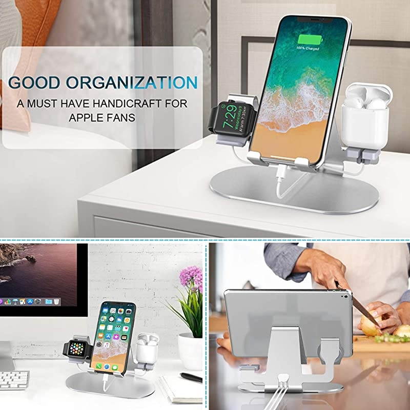 3 in 1 Charging Stand for Apple Watch, iPhone & Airpods Pro,  Charging Dock Compatible with iPad, iPhone, Apple Watch Series SE/ 6/5/4/3/2/1, Airpods Pro/2/1(Charger & Cables NOT include) Silver