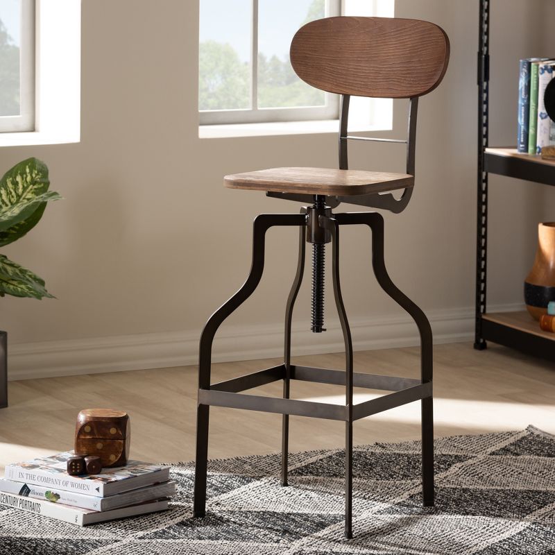 Varek Wood and Rust Finished Steel Adjustable Swivel Barstool Brown - BaxtonStudio