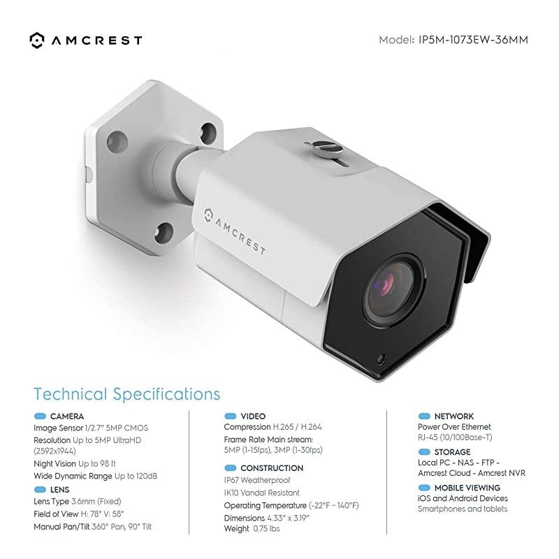 UltraHD 5MP Outdoor POE Camera 2592 x 1944p Bullet IP Security Camera, Outdoor IP67 Waterproof, 103&deg; Viewing Angle, 2.8mm Lens, 98.4ft Night Vision, 5-Megapixel, IP5M-B1186EW-28MM (White)