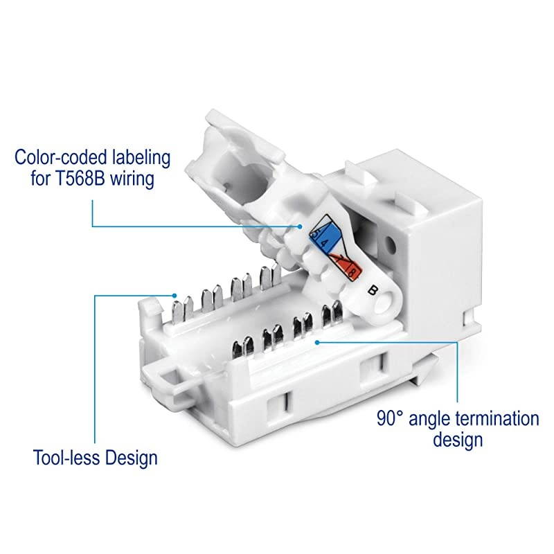 Cat6 Keystone Jack, 25-Pack Bundle, TC-K25C6, 90&deg; Angle Termination, Compatible with Cat5, Cat5e, & Cat6 Cabling, Color-Coded Labeling for T568B Wiring, Gold-Plated Contacts, Tool-less Design
