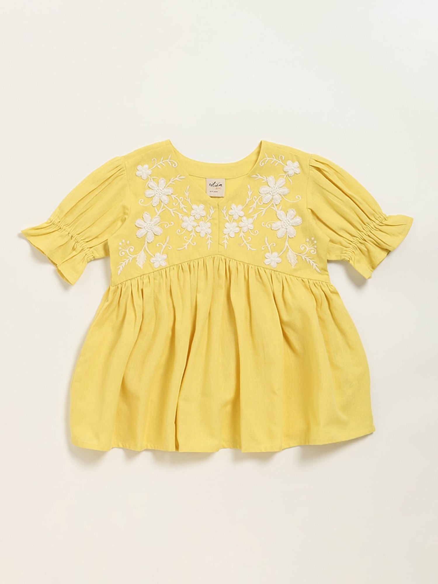 Utsa Kids by Westside Yellow Embroidered Cotton Blend Empire Dress