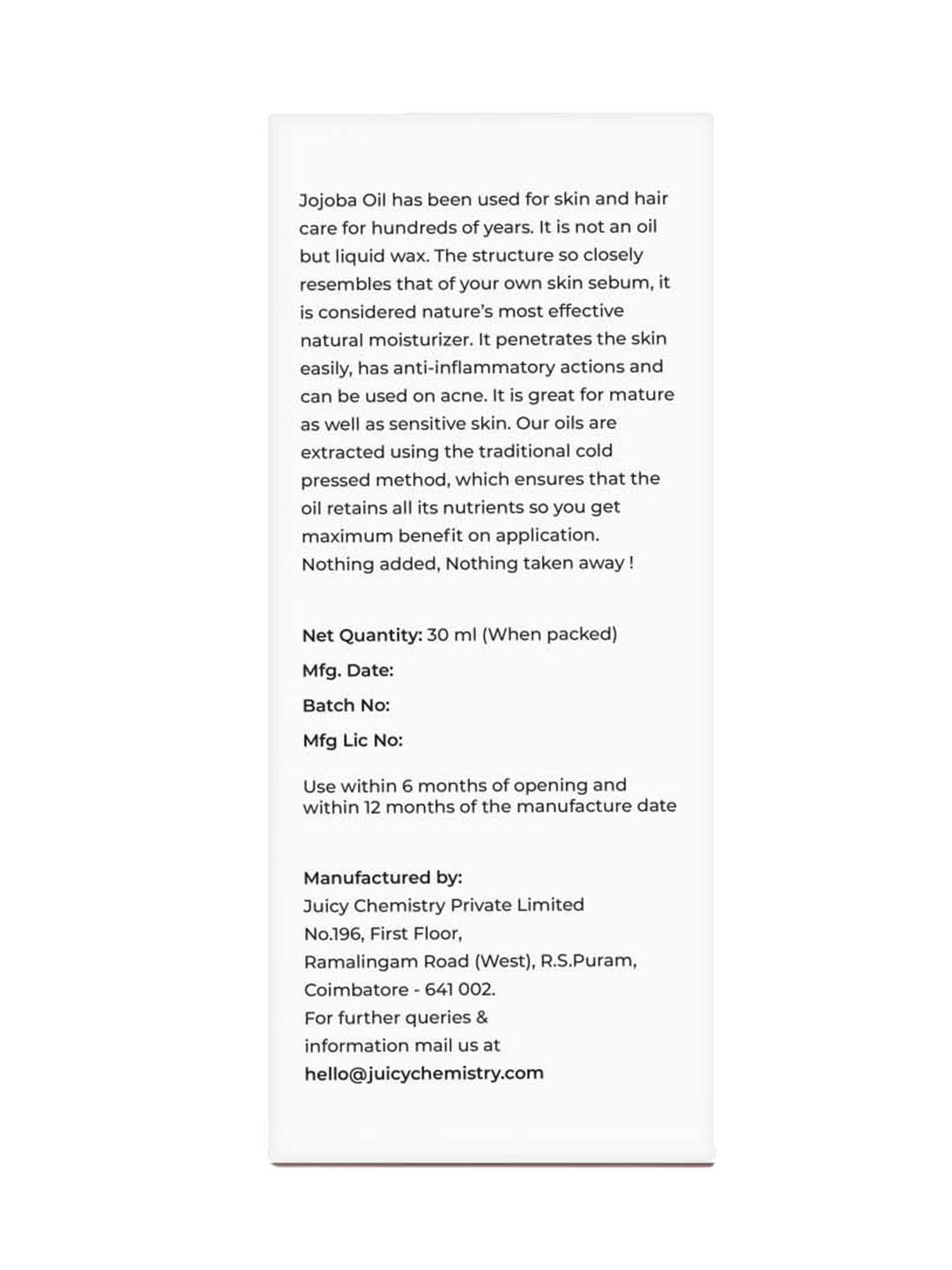 Juicy Chemistry Jojoba Cold Pressed Carrier Oil - 30 ml