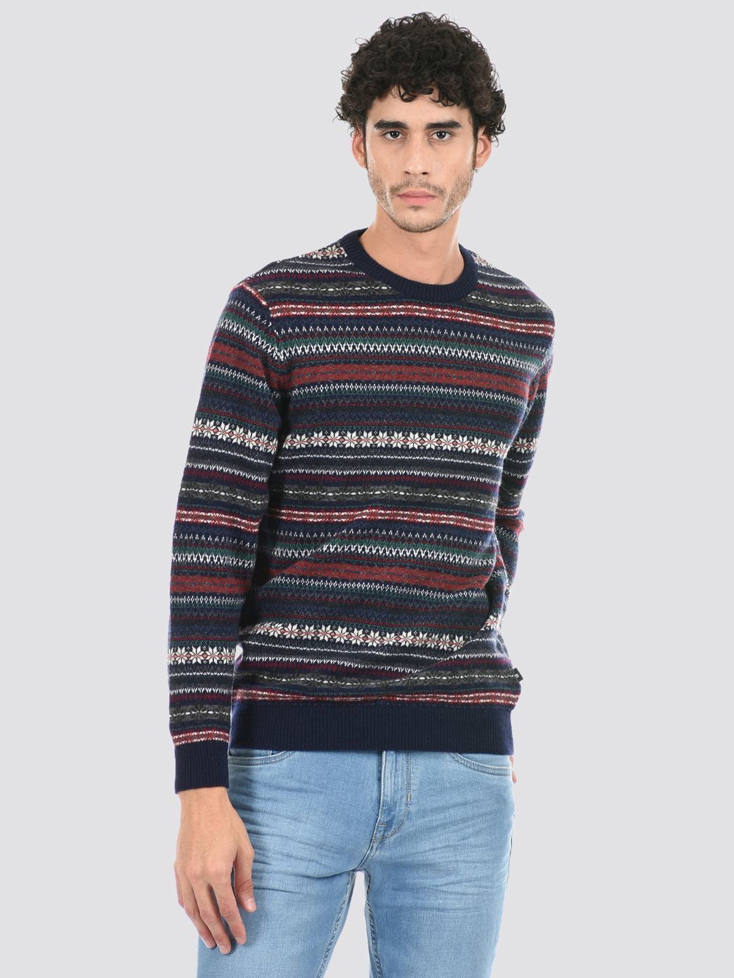 London Fog Navy Blue Regular Fit Self Pattern Sweater