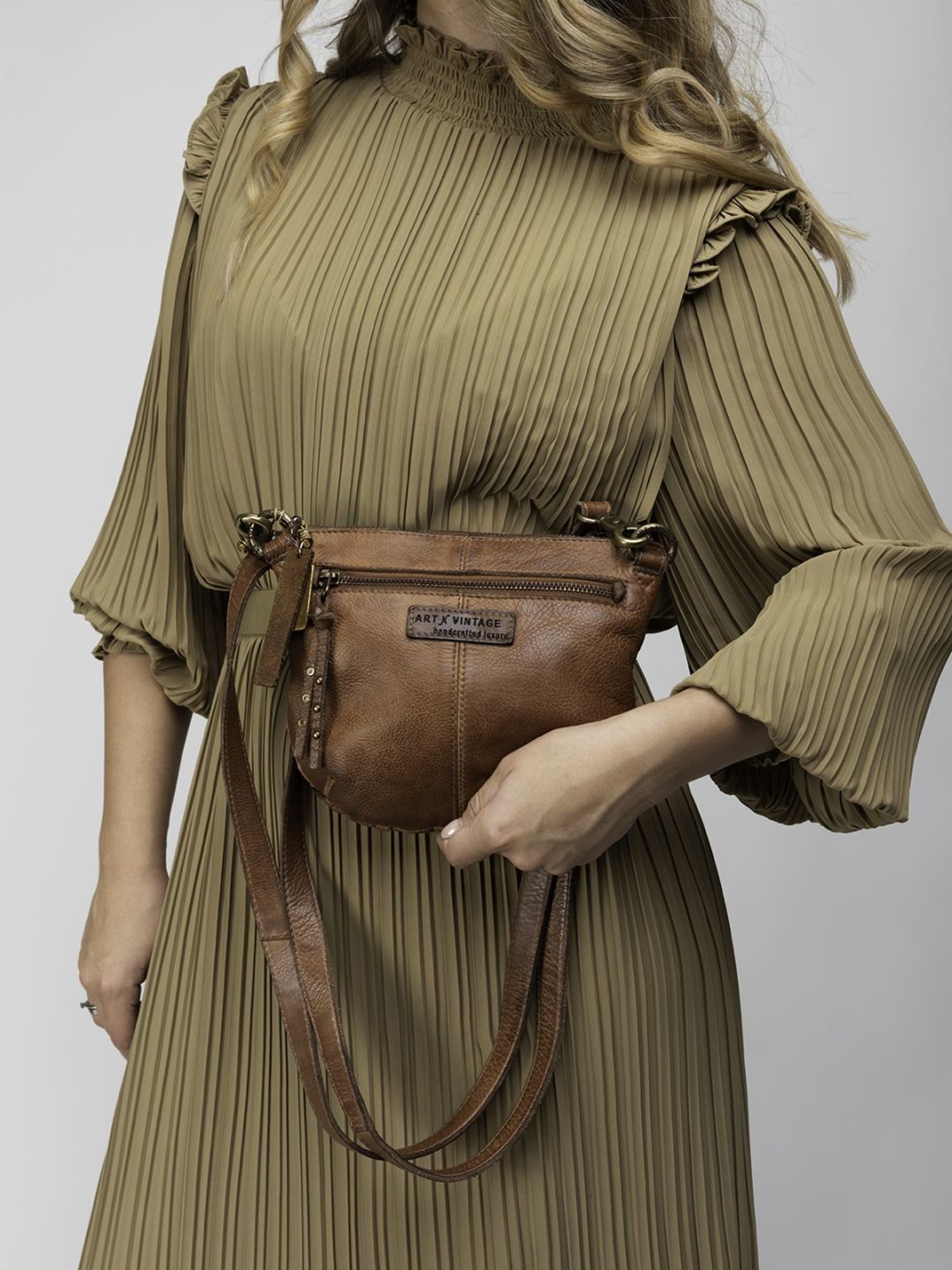 Art N Vintage Carla Cognac Leather Textured Small Sling Handbag