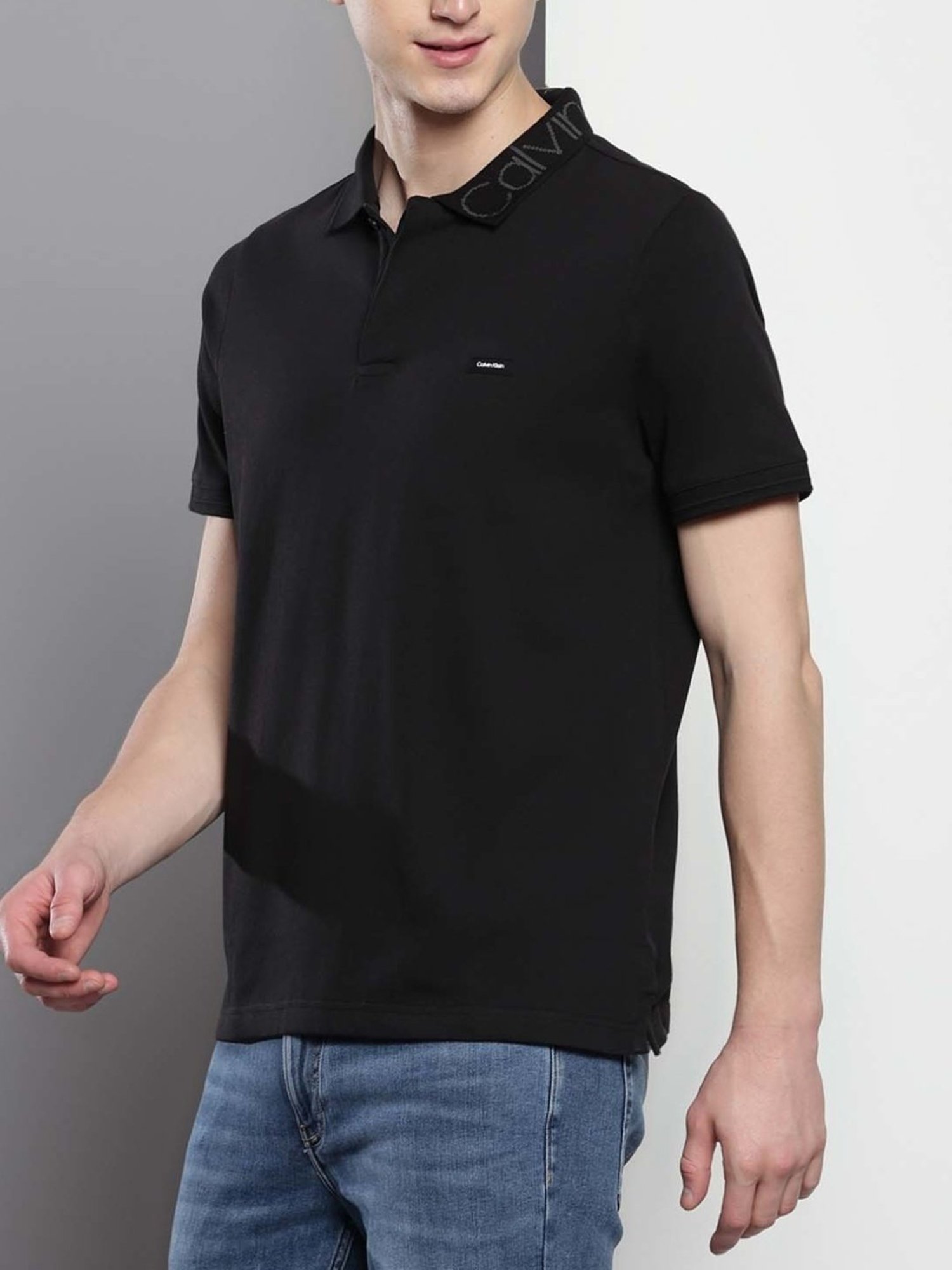 Calvin Klein Black Cotton Regular Fit Polo T-Shirt