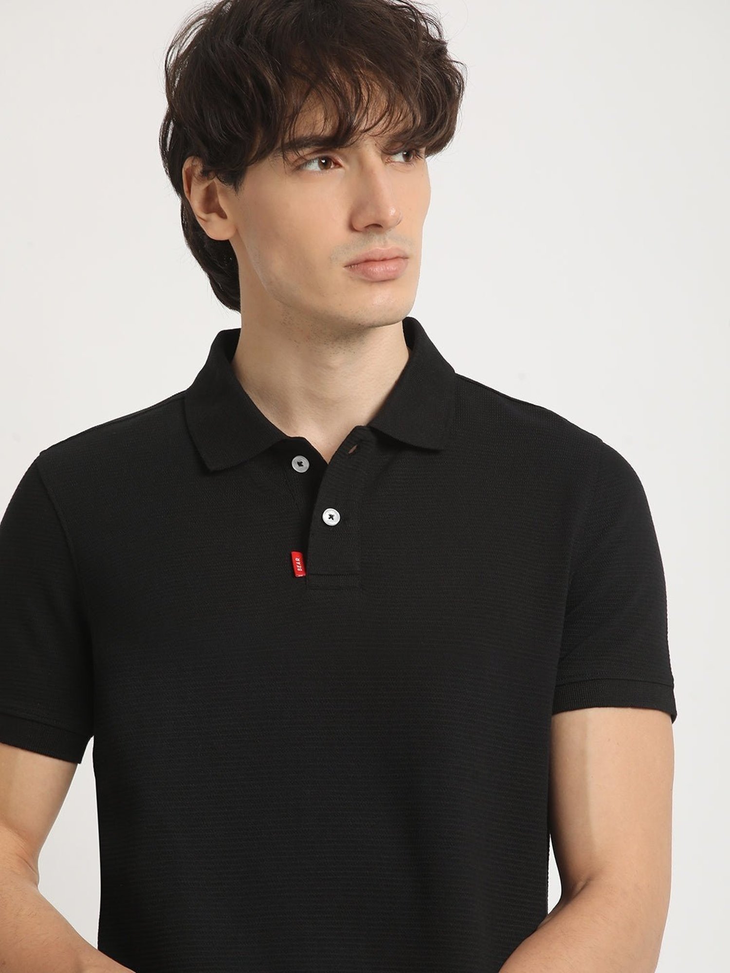The Bear House Black Cotton Regular Fit Self Pattern Polo T-Shirt