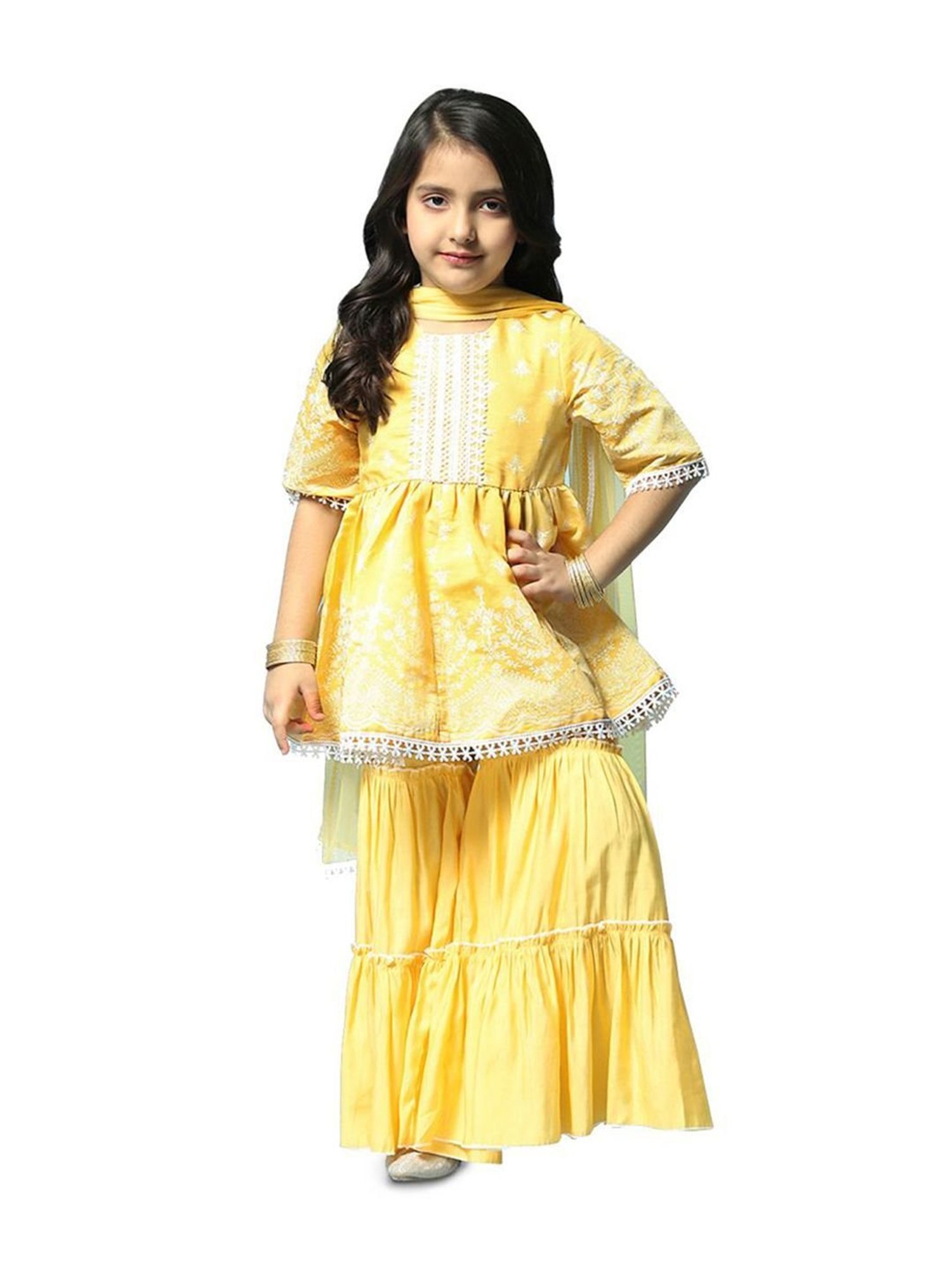 Biba Girls Yellow & White Embroidered Kurta Set