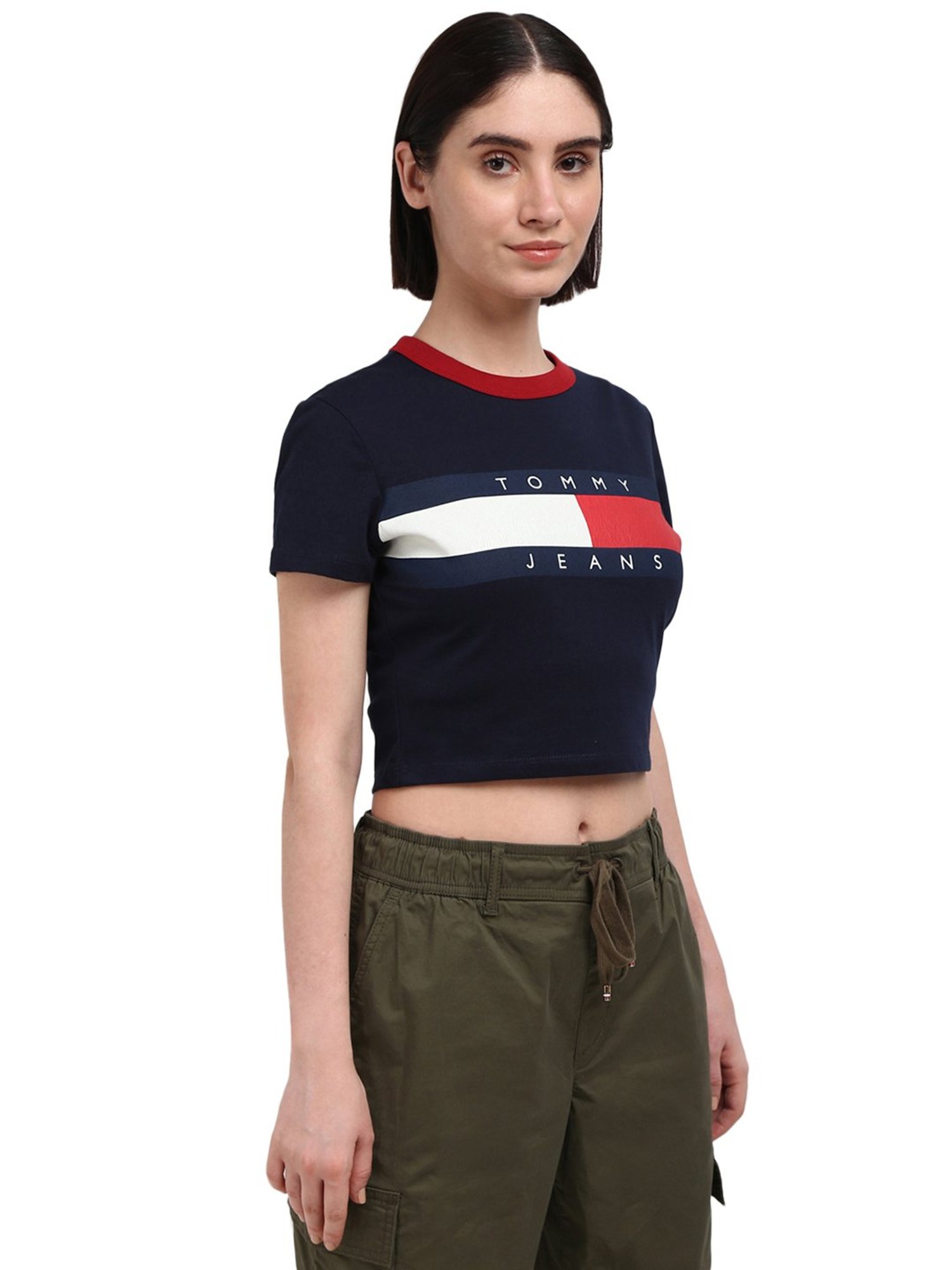 Tommy Hilfiger Navy Blue Cotton Printed Women T-Shirt