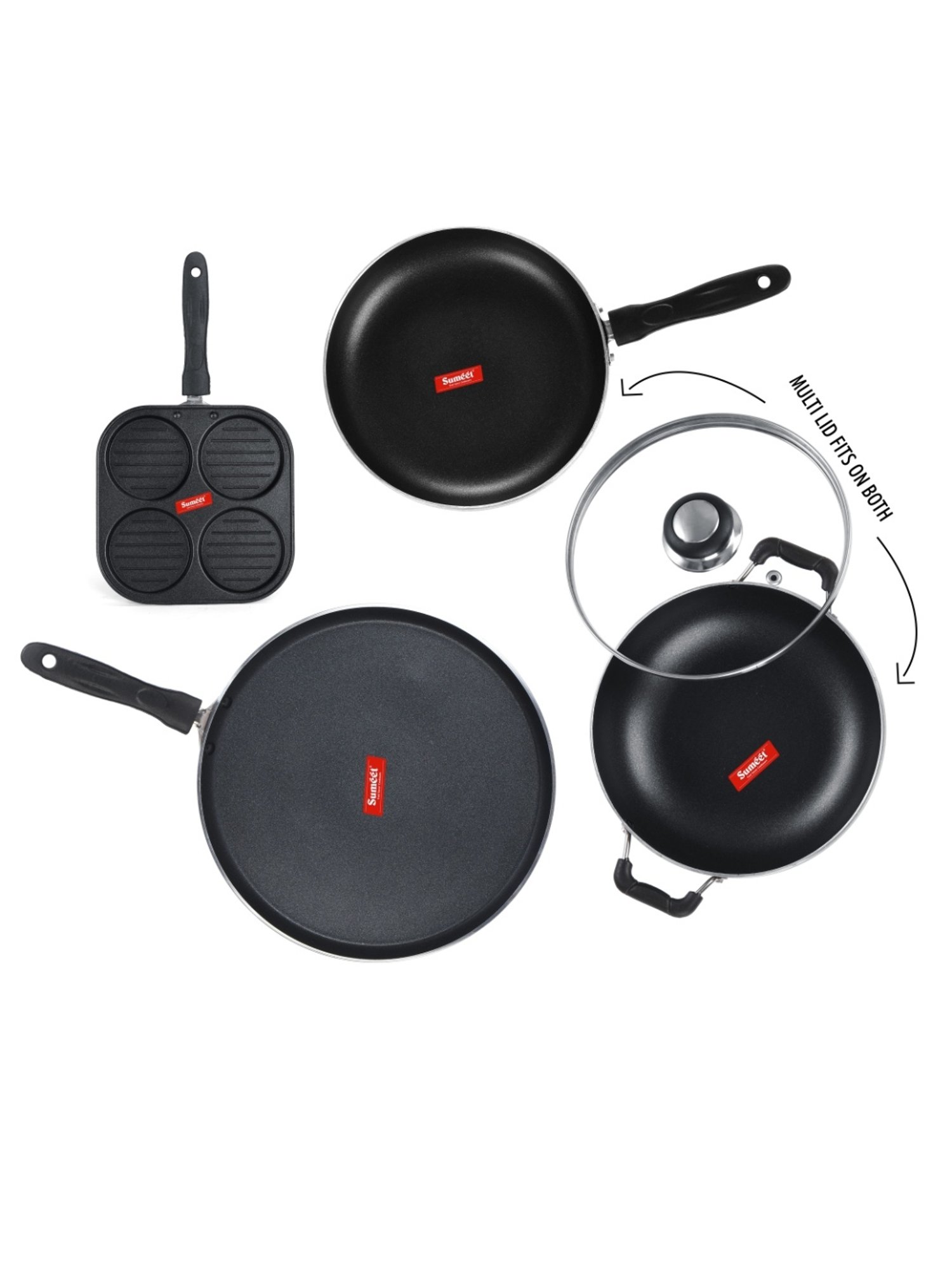 Sumeet NonStick Cookware Set(Dosa Tawa+Mini Multi Snack Maker+Kadhai With Glass Lid +Frypan)
