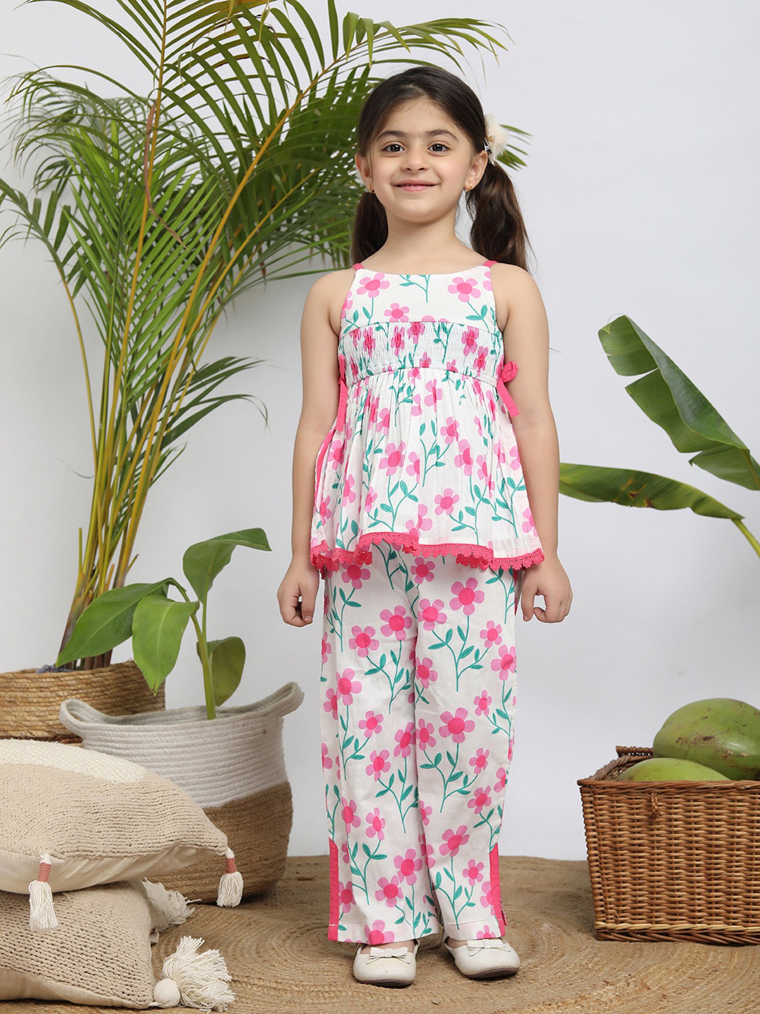 Budding Bees Kids Pink Floral Print Top with Pyjamas