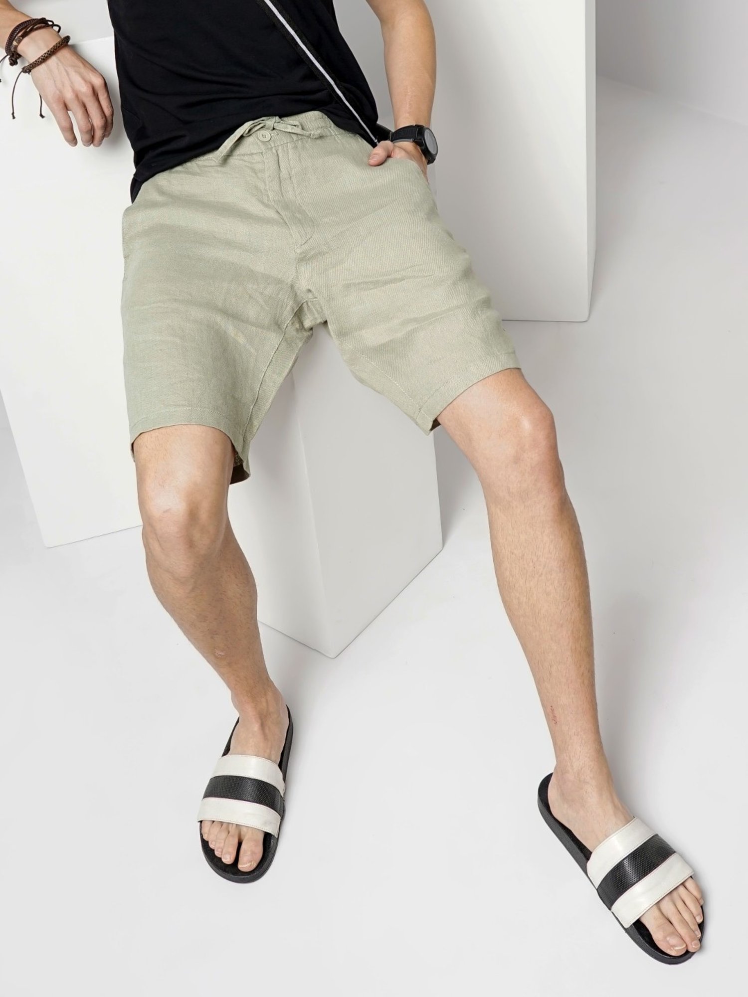Celio Vert Sauge Linen Loose Fit Shorts