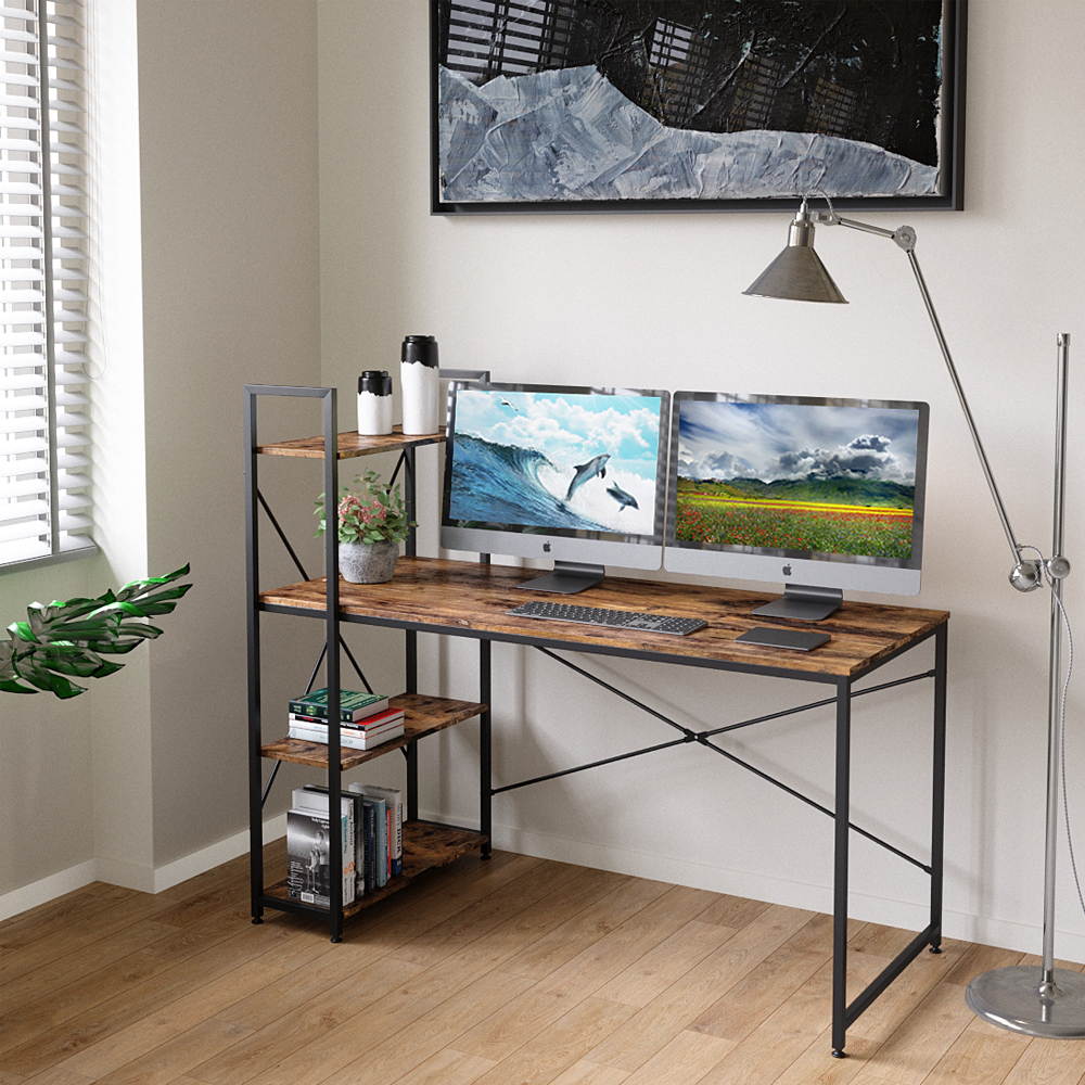 Bestier 63 Inch Computer Desk with Storage Shelves, Modern Bookshelf Desk with Headphone Hook Large Workstation Writing Desk with Reversible Bookshelves Home Office Work Table Study Desk Grey