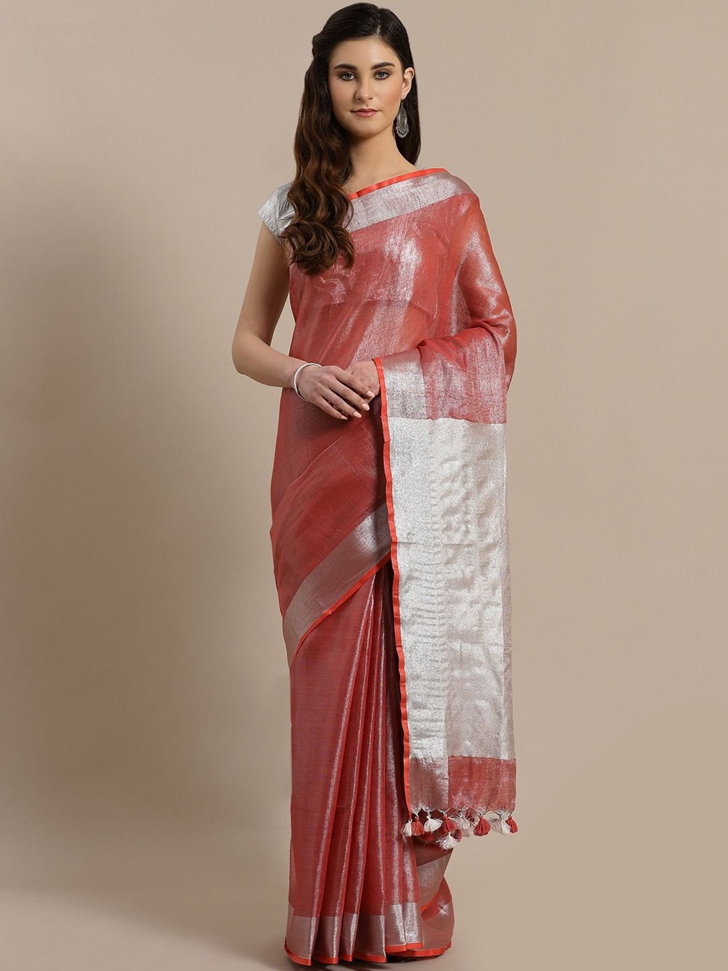 Kalakari India Red & Silver Saree With Unstitched Blouse