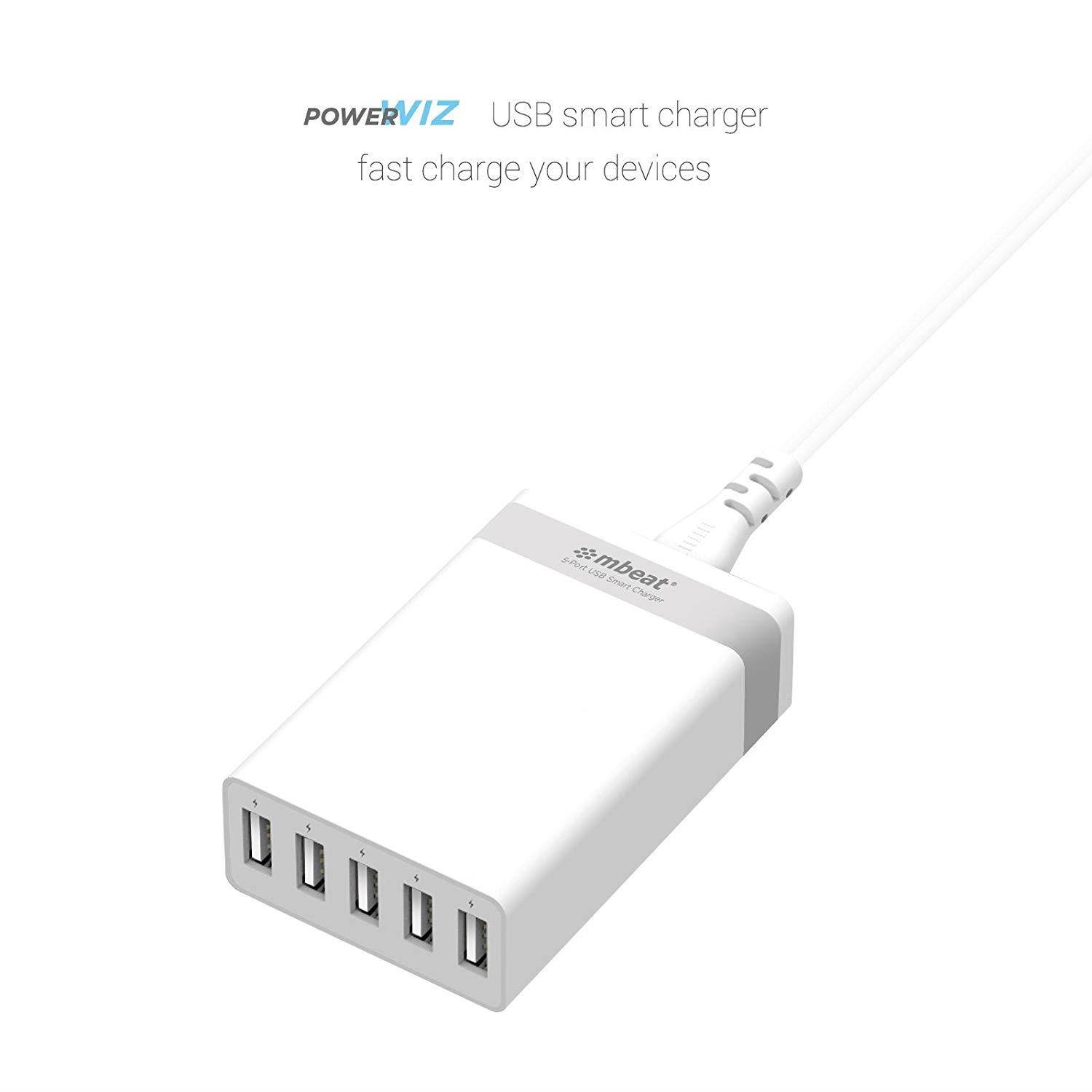 mbeat QUINTARY 40W 5-Port USB Charger with Smart charging function for iPhone, Android Phone and Tablets (White)