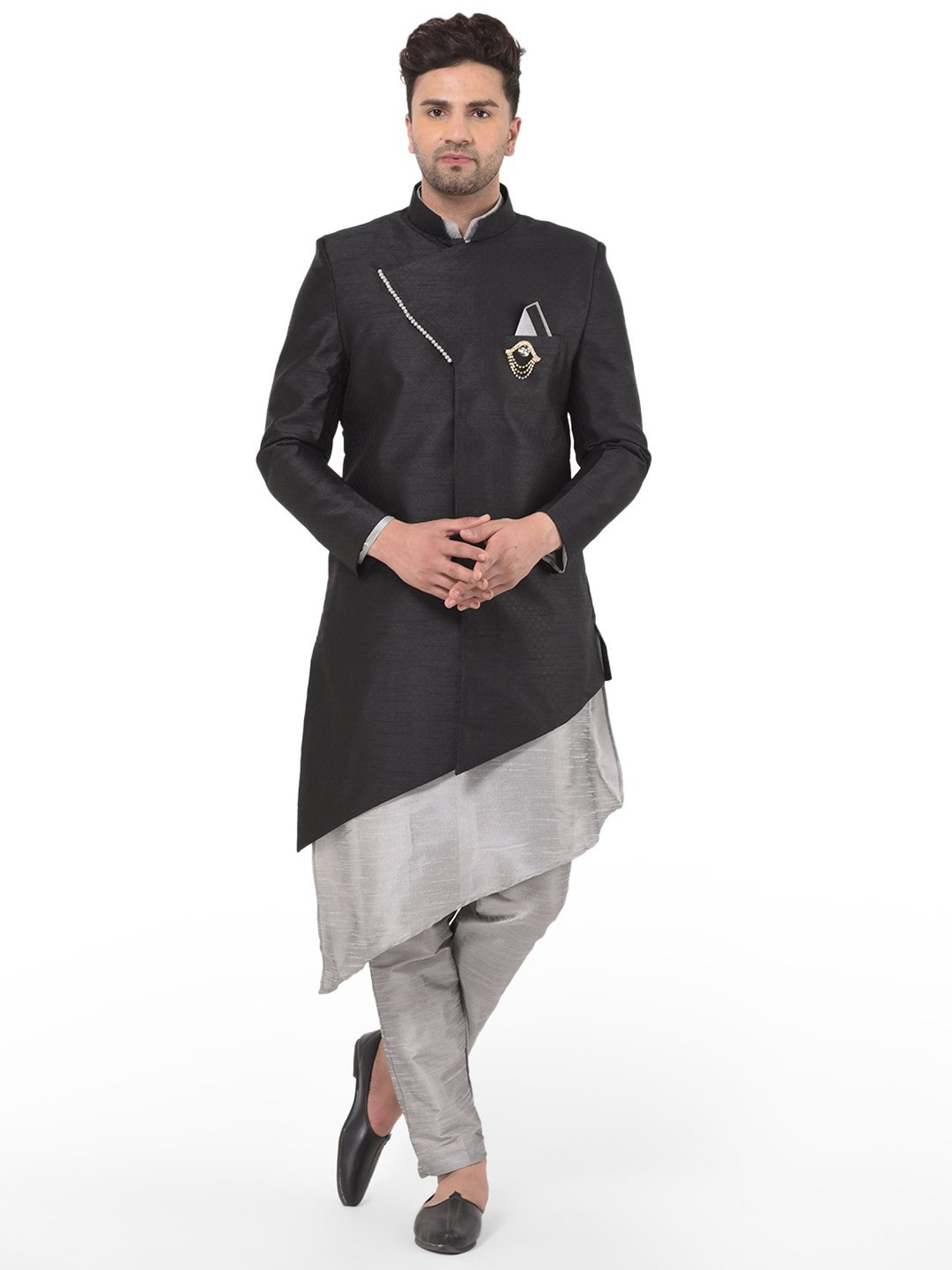 SG RAJASAHAB Grey & Black Regular Fit Kurta Set