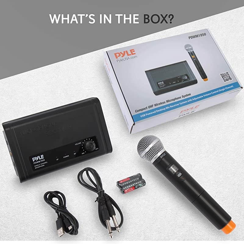 Compact UHF Wireless Microphone System Pro Portable Single Channel Desktop Digital Mic Receiver Set w 1 Handheld Mic Receiver Base USB Cable Battery for Home PA Karaoke DJ  PDWM1950