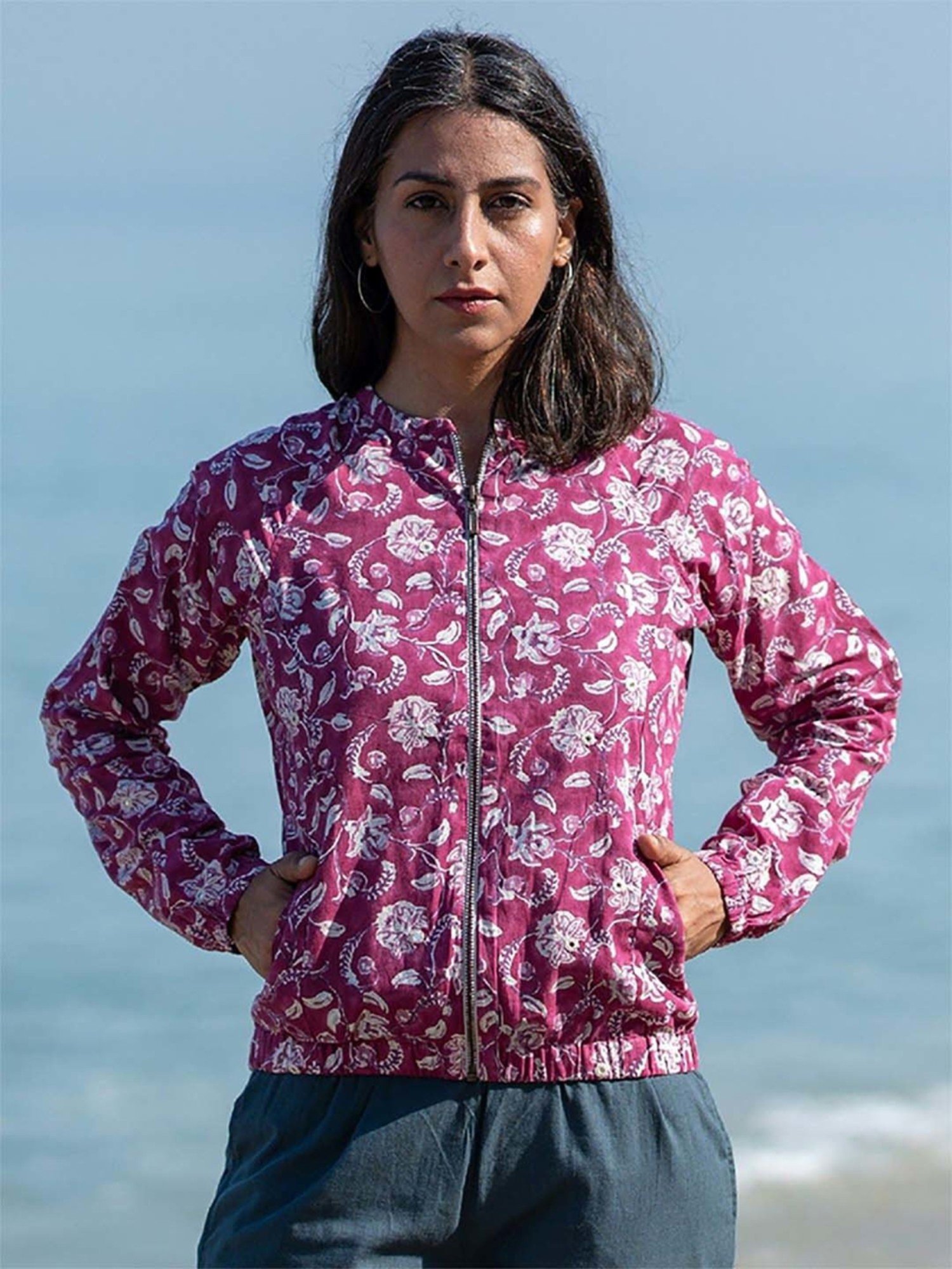 Okhai Peace Lily Purple Pure Cotton Hand Embroidered Bomber Jacket