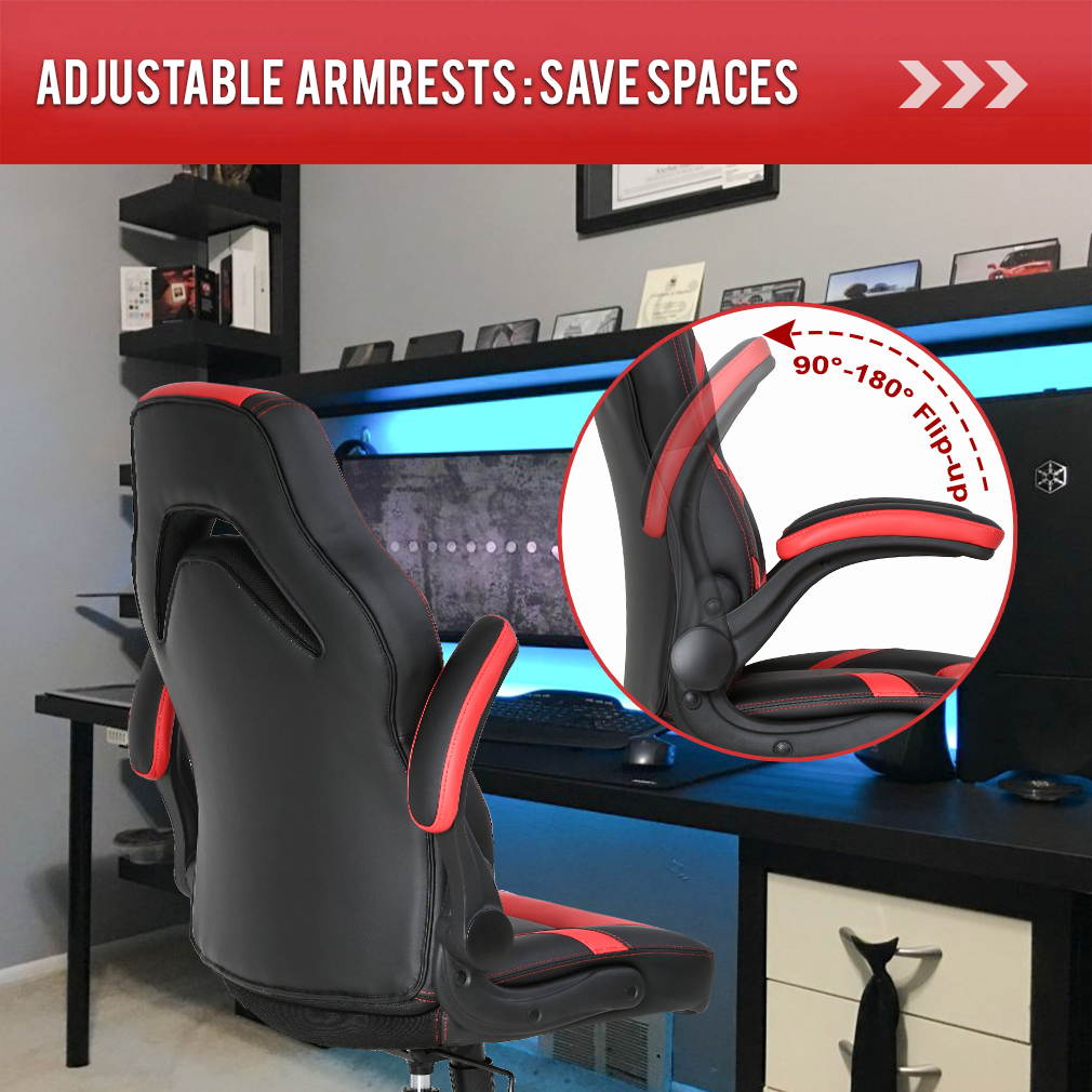 Gaming Chair Home Office Chair PC Computer Chair Rolling Swivel Desk Chair with Lumbar Support High-Back PU Leather Flip-up Arms E-sport Racing Chair for Men(Red)