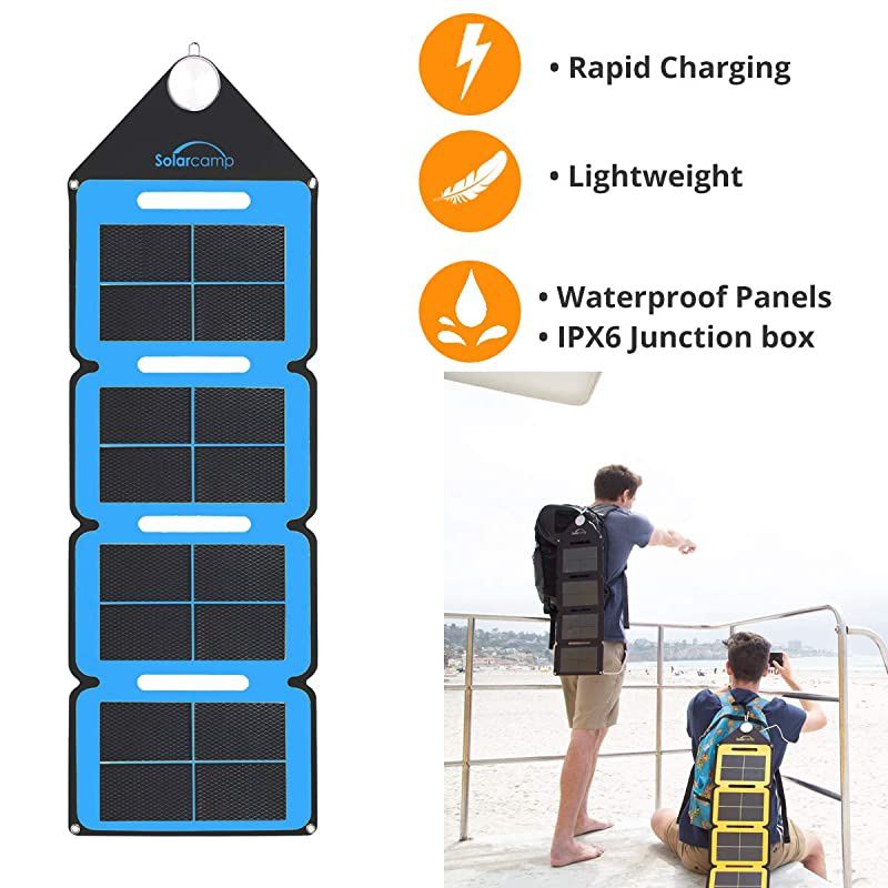 5V 7.6W Portable USB Charger Waterproof Foldable Camping Travel Charger with 2 USB Compatible w/Most Small USB Devices- Smartphones, Tablets, GPS, Power Banks, etc. (Blue)