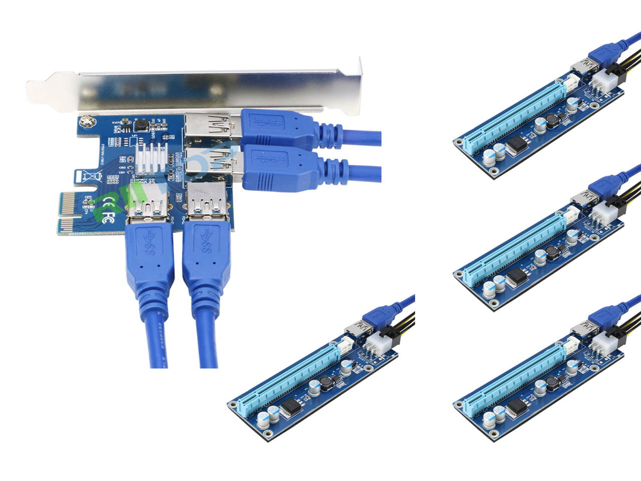 RIITOP 4 in 1 PCI-E Riser Card Adapter Board + 6 PIN 16x to 1x Powered Riser Adapter Card  GPU Riser Adapter - Ethereum Mining ETH - w/ 60cm USB 3.0 Extension Cable & 6-Pin PCI-E to SATA Power Cable