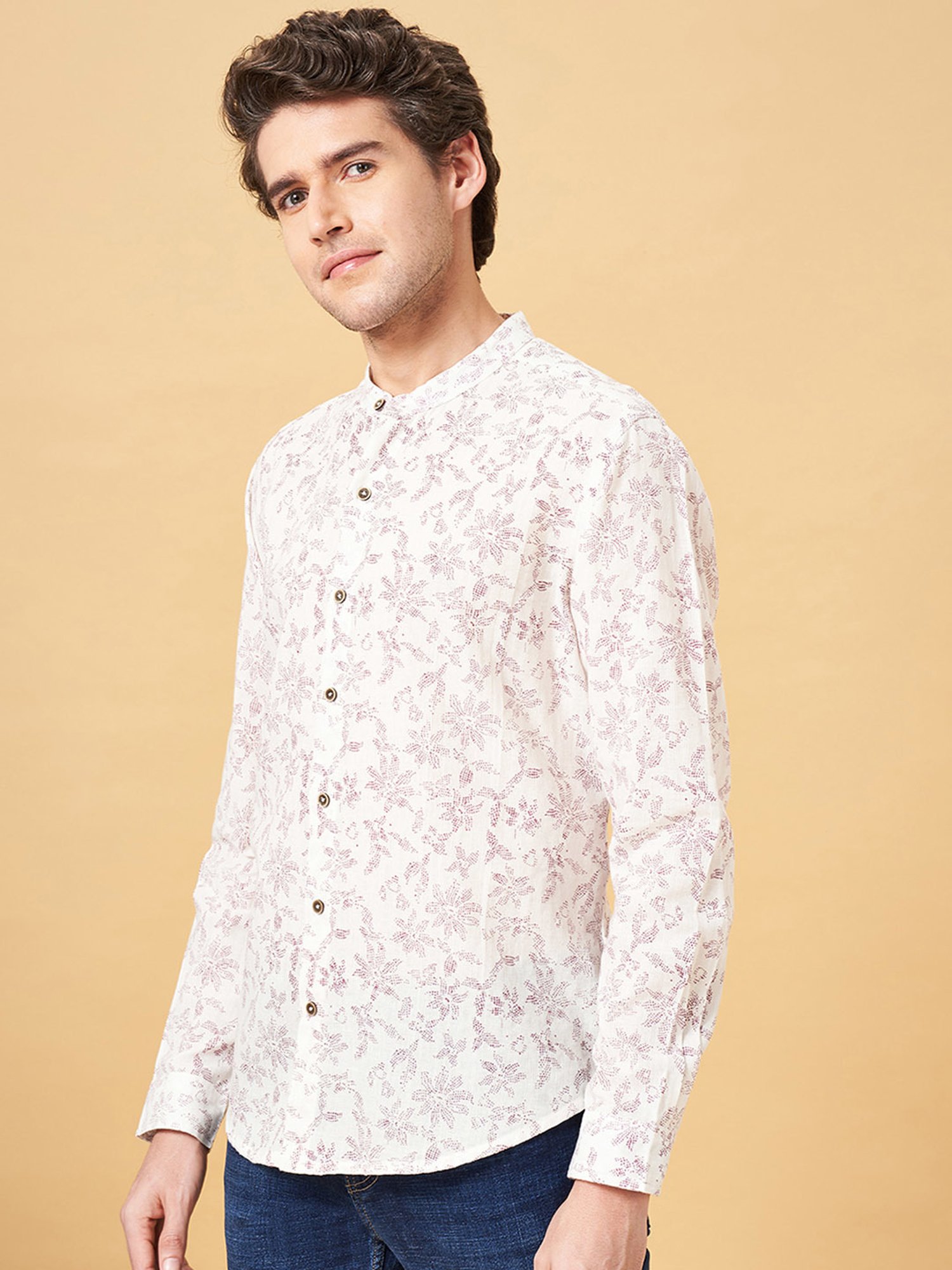 Indus Route by Pantaloons Off White Regular Fit Printed Shirt