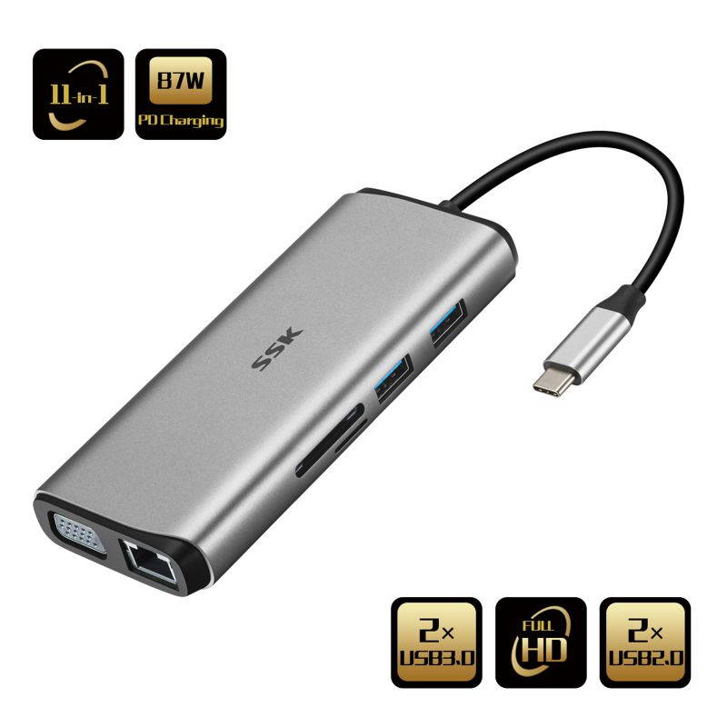 SSK 11 in 1 USB C Hub,Dual Monitor Laptop Docking Station,MacBook Pro HDMI Adapter ethernet Adapter with VGA,PD Fast Charging,4USB Ports,SD/TFCard Reader for MacBook Air(Thunderbolt 3) Type C Devices