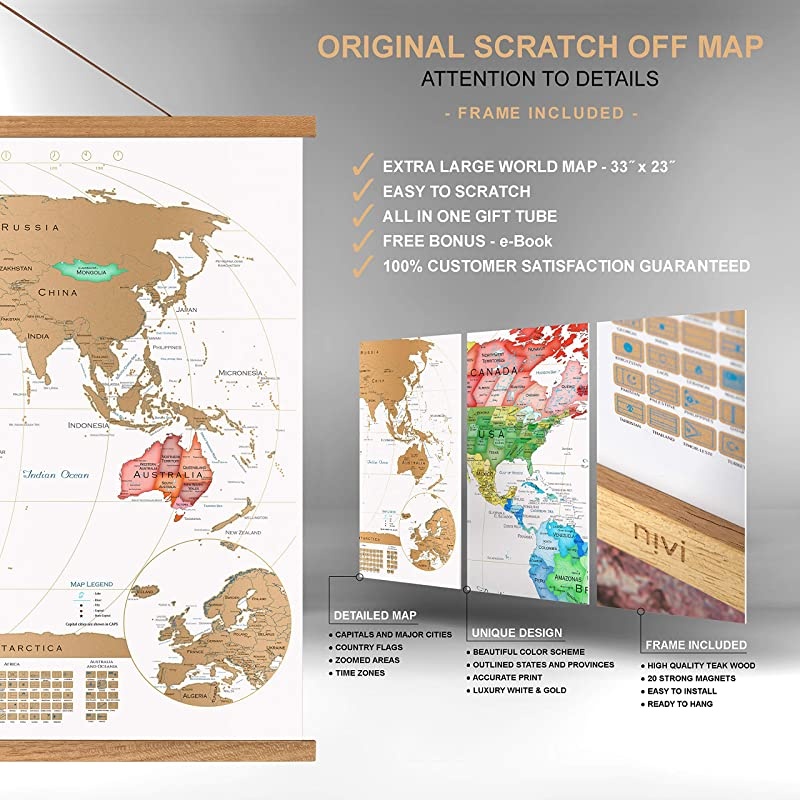 NIVI Scratch Off World Map XLarge International Travel Poster with Frame | 33 x 23 Inches | Country Flags Continents Major Cities USA States Provinces | Vibrant Colors | Compact Tube