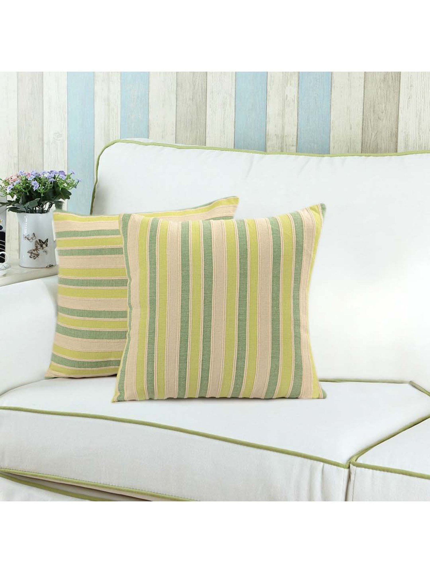 Saral Home Beige & Green Cotton Cushion Covers - Set of 2