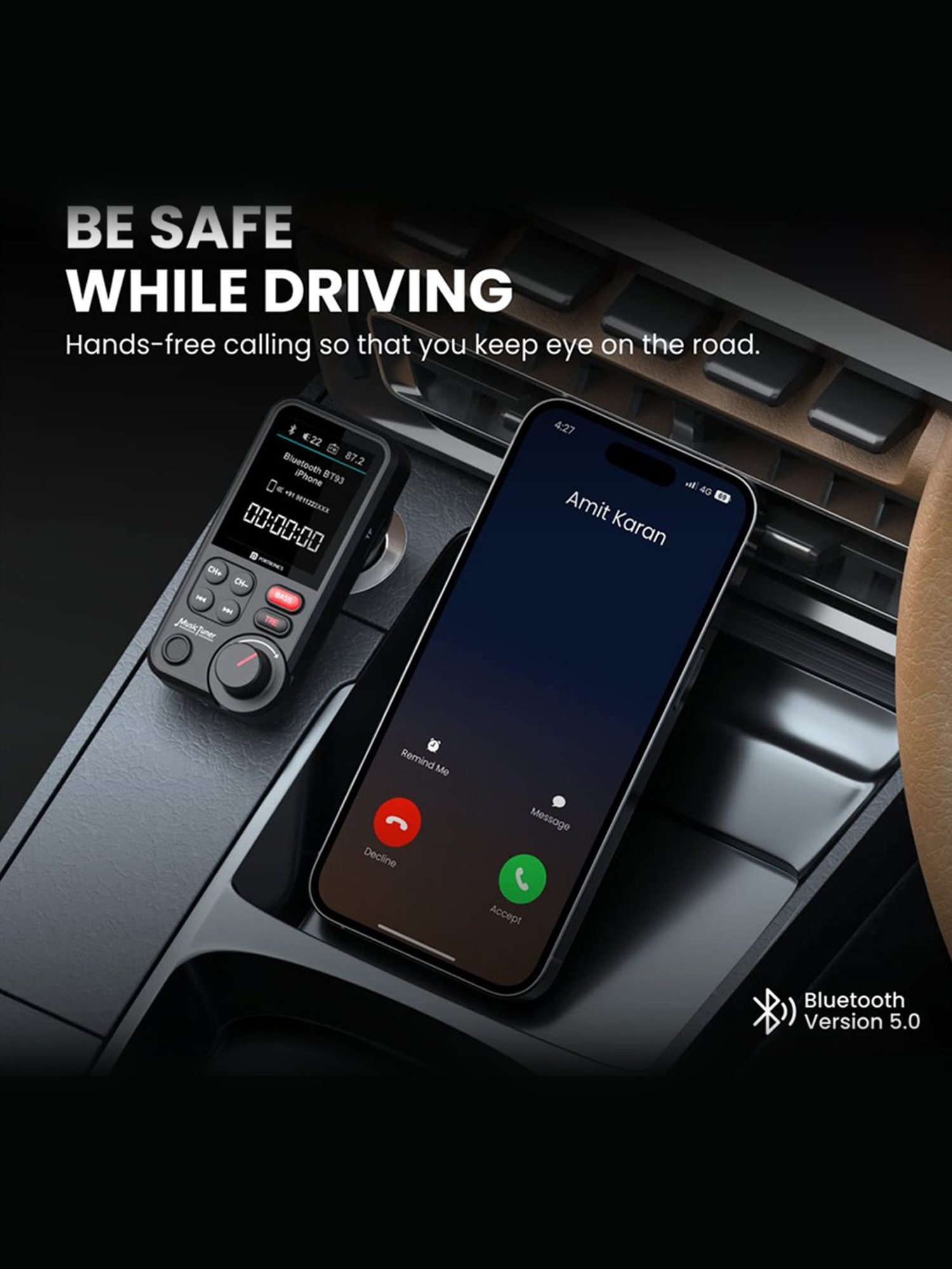 Portronics POR-1733 Auto One Smart Car Charger & Music Streamer with Bluetooth 5.0 (Black)