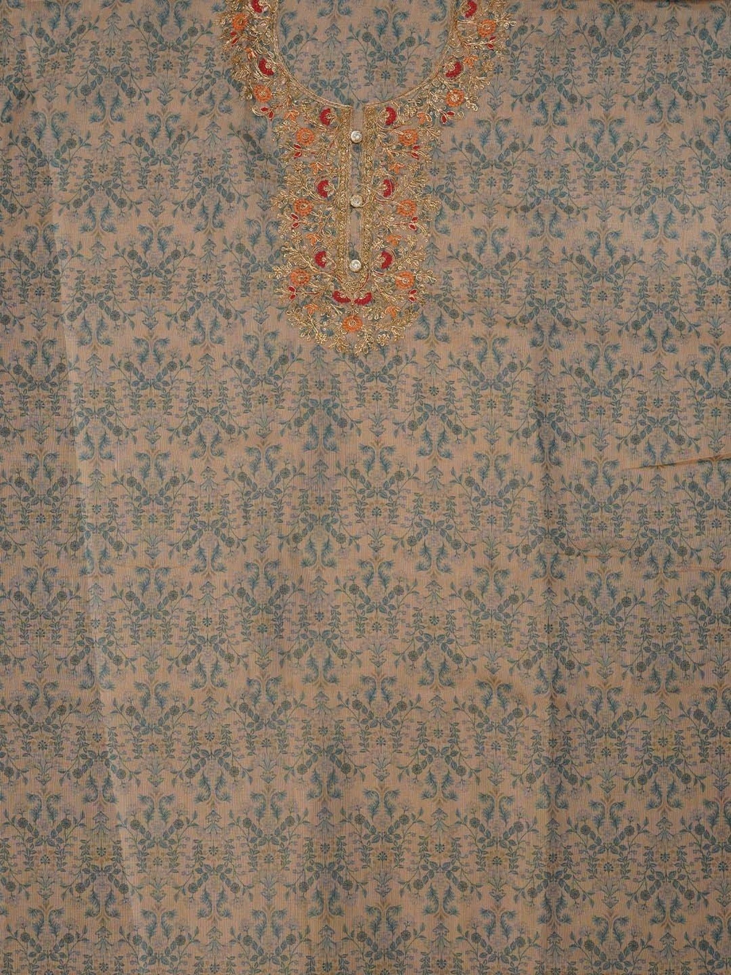 Jaipur Kurti Peach & Green Embellished Unstitched Dress Material